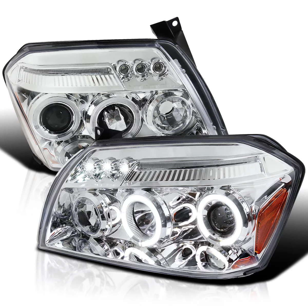 Spec-D Tuning Halo LED Chrome Housing Clear Lens Projector Headlights Compatible with 2005-2007 Dodge Magnum Left + Right Pair Headlamps Assembly
