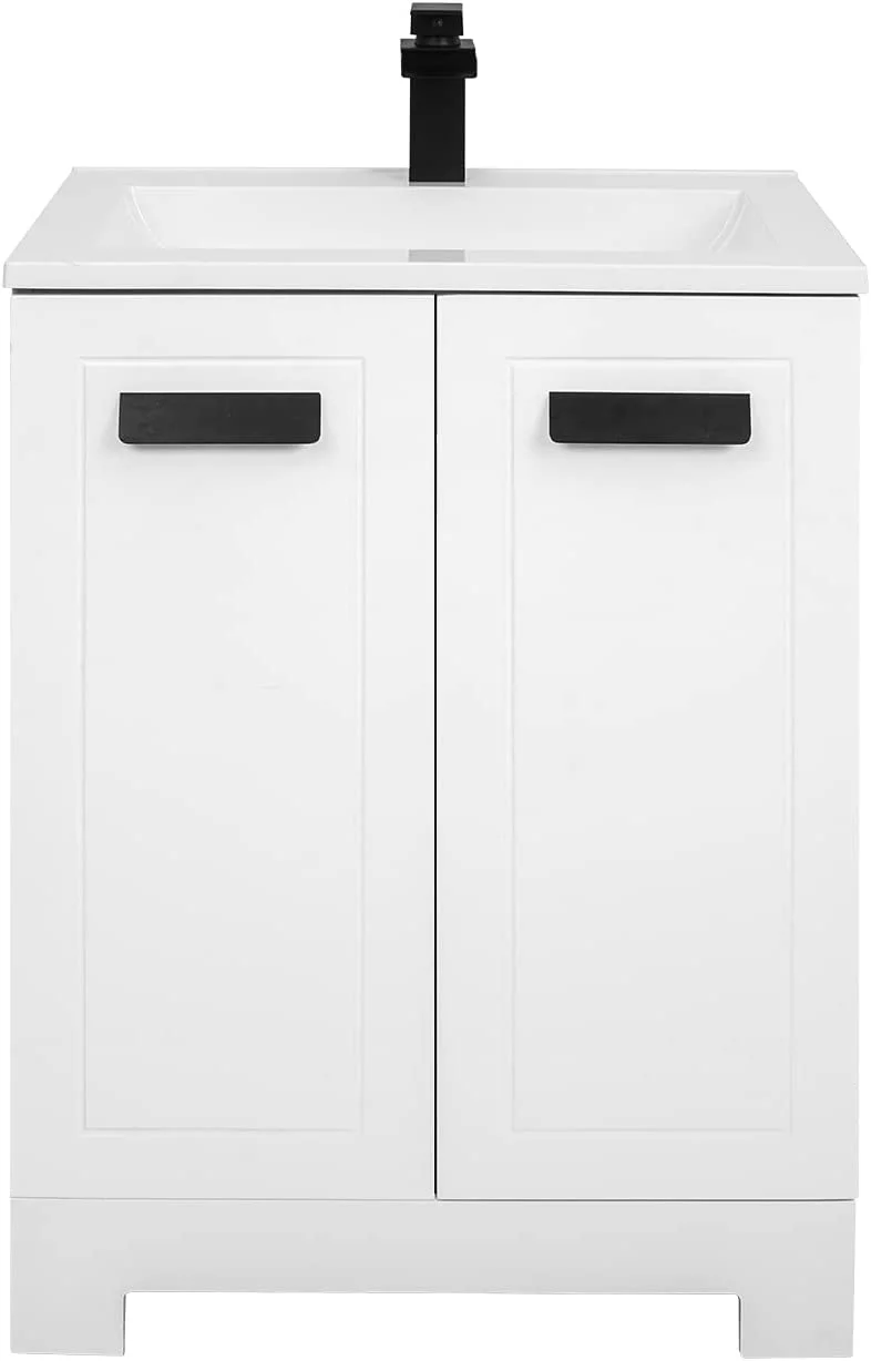 FULLWATT 24 inch Modern Stand Pedestal Wooden Bathroom Cabinet with Undermount Sink Combo