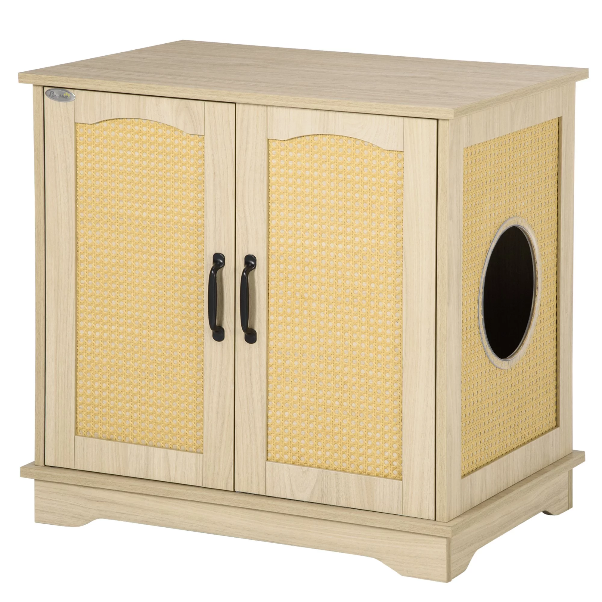 PawHut Hidden Litter Box Enclosure Cat Washroom Furniture with Cushion Double Doors Wooden Pet House End Table, Oak