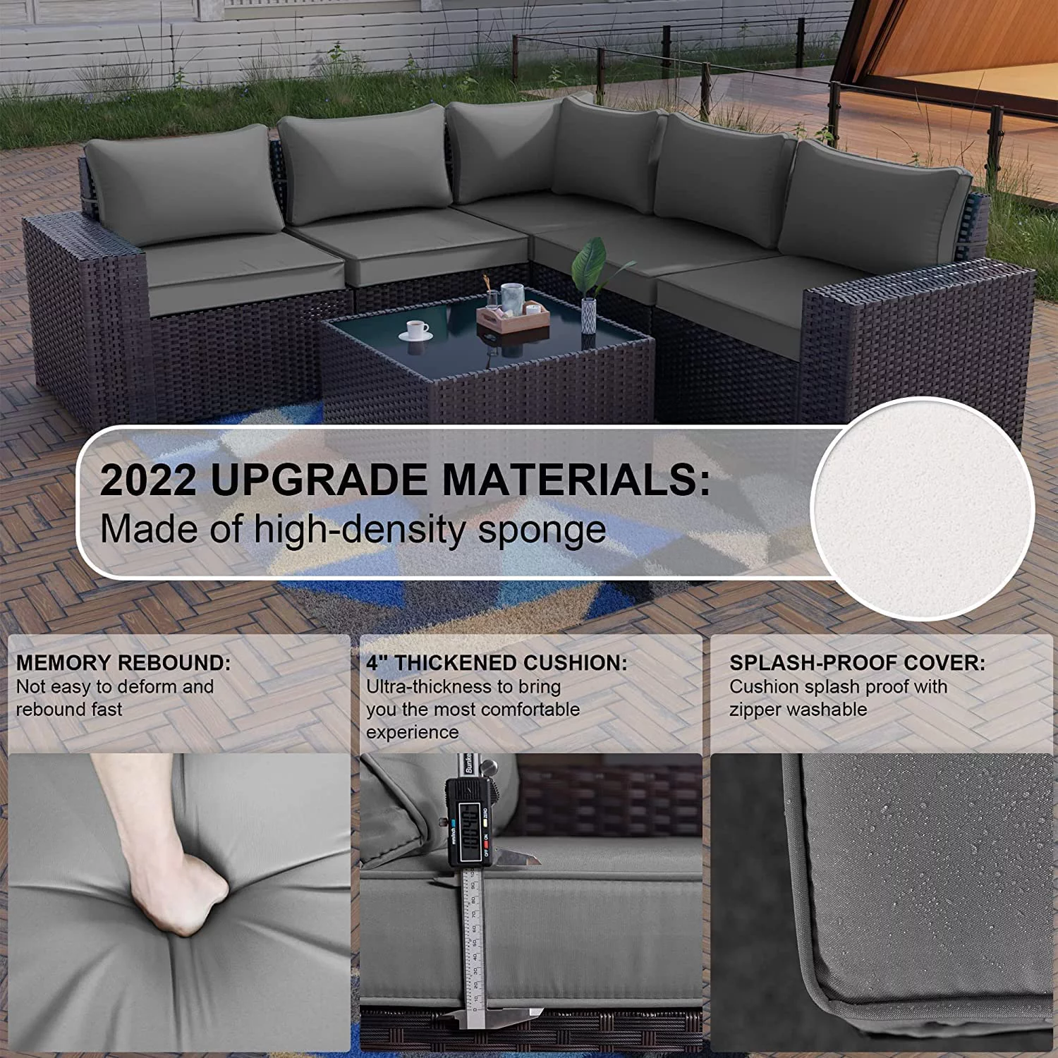 Popular Outdoor Patio Furniture Set 6 Pieces Sectional Rattan Sofa Set Brown PE Rattan Wicker Patio Conversation Set with 5 Navy Blue Seat Cushions and 1 Tempered Glass Table