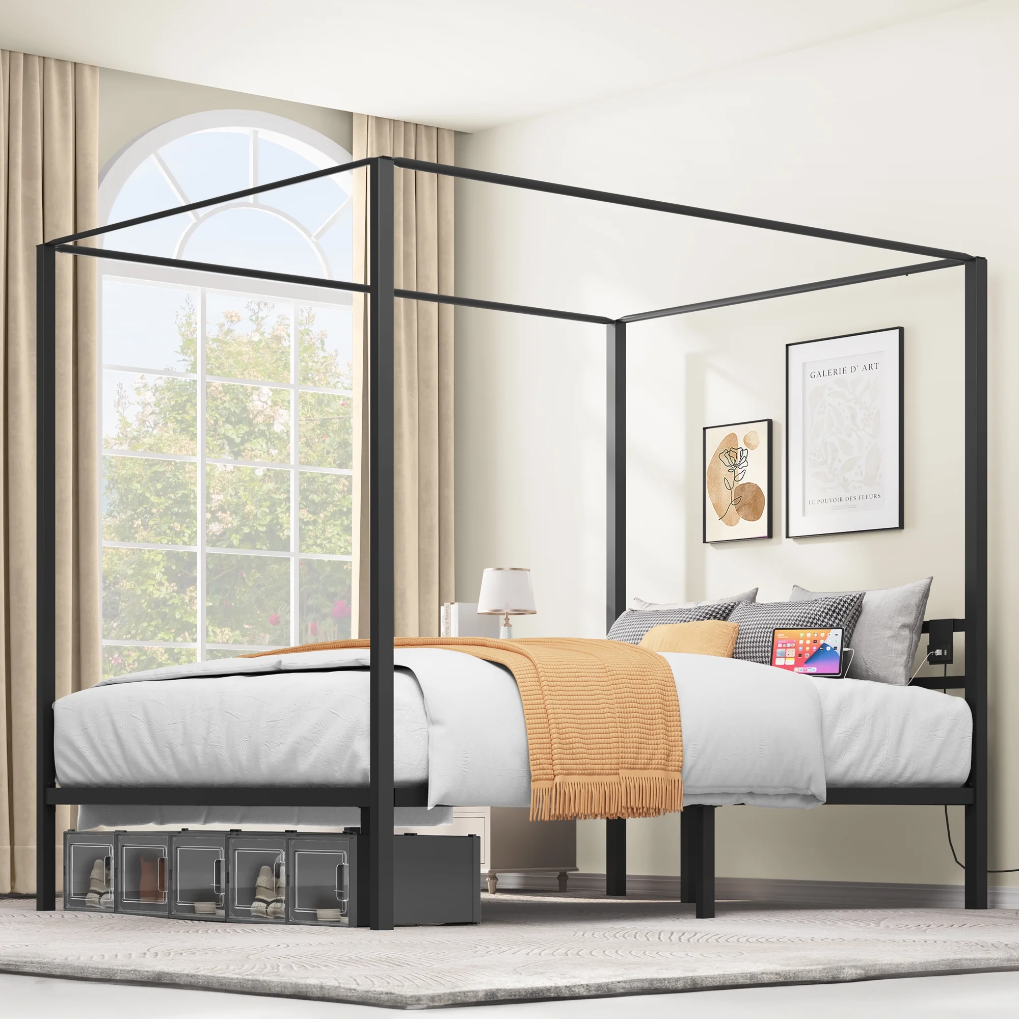 Dextrus Queen Size Canopy Bed Frame with Convenient USB Charging and Ample Storage, Four Poster Platform Bed with Metal Slats Support - Black
