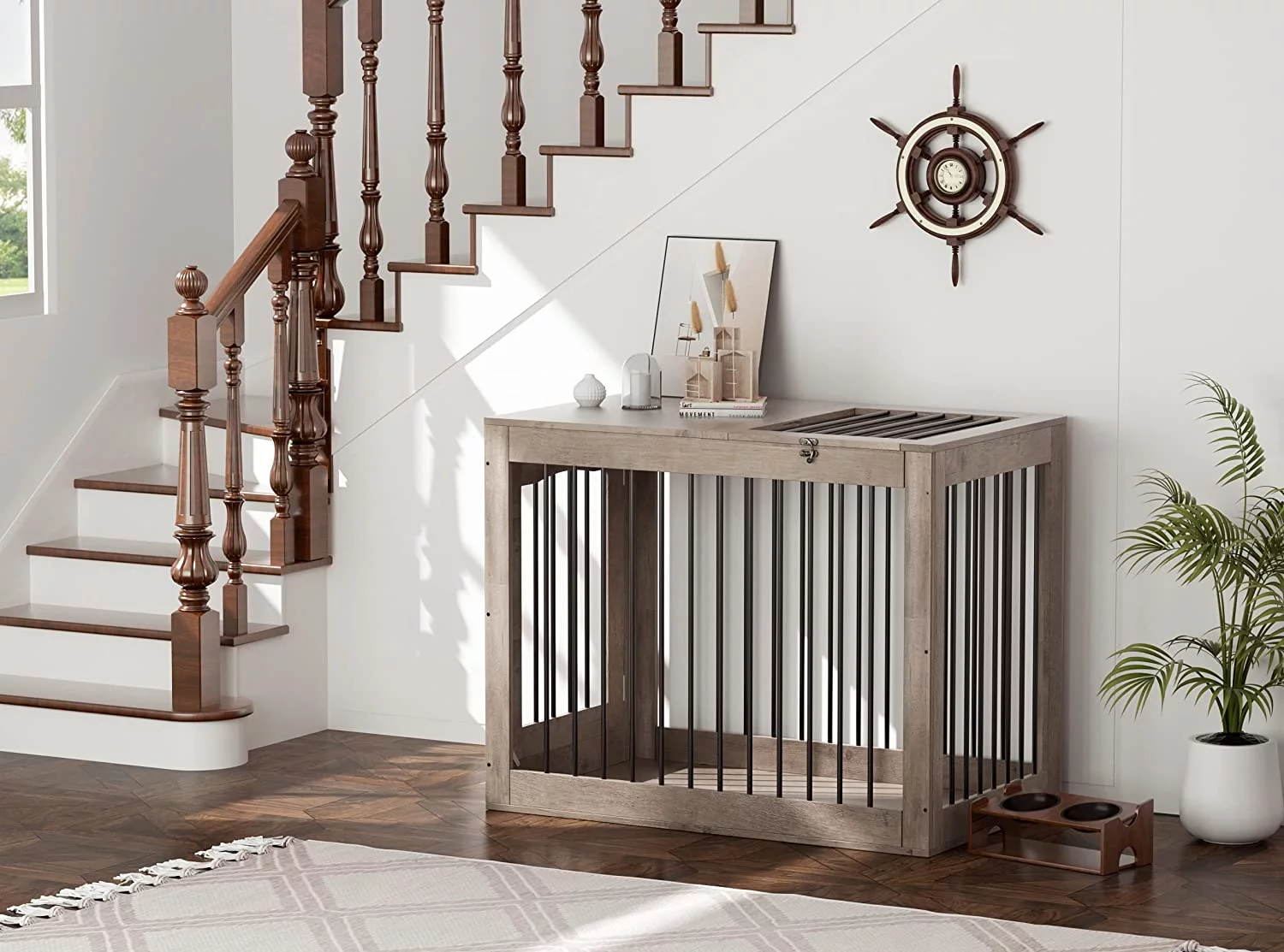 Furpezoo Large Dog Crate, Wooden Pet Kennel End Table, Dog Cage with 2 Doors, Gray, 40