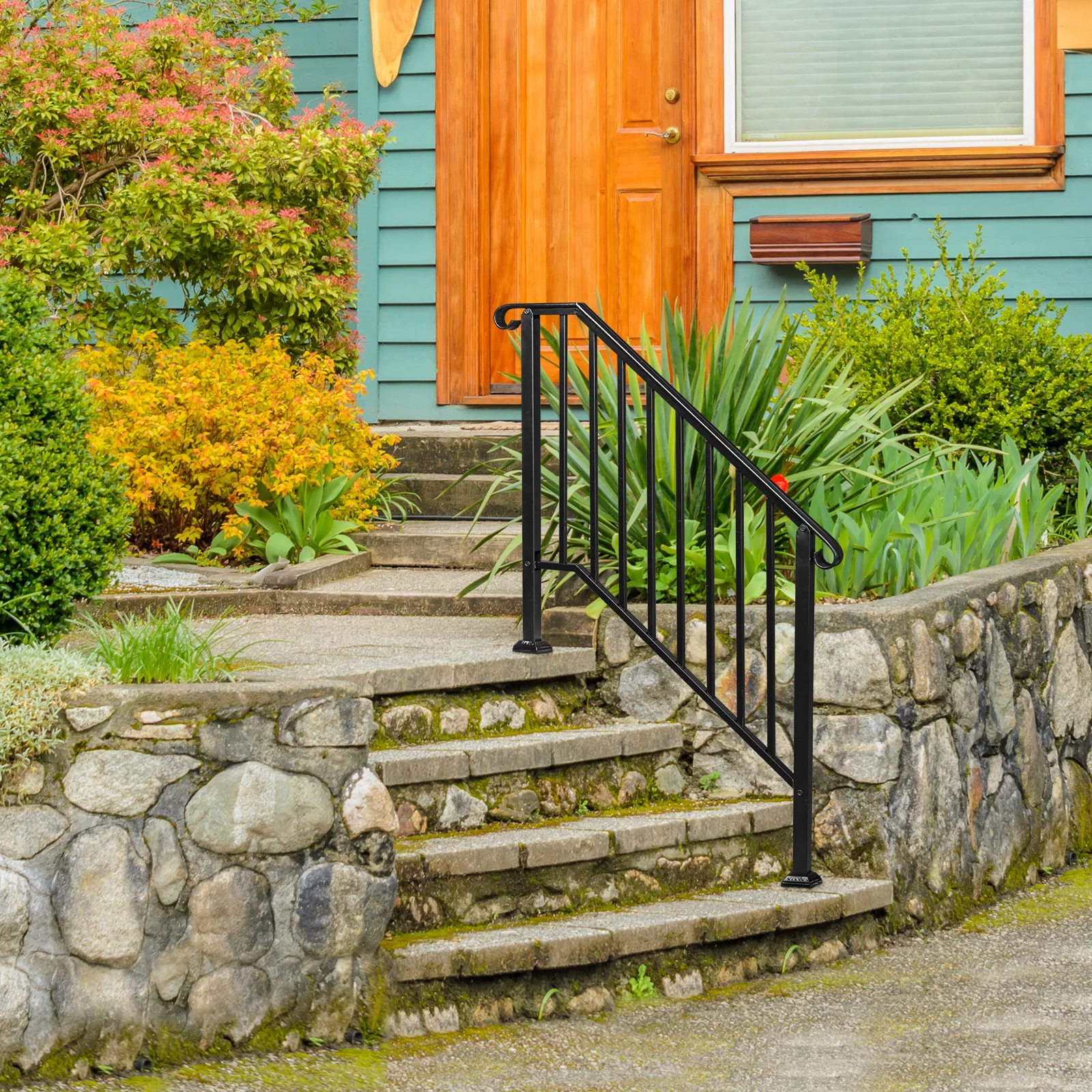 4 Step Handrails for Outdoor Steps, Fit 3 or 4 Steps Outdoor Stair Railing for Concrete Steps, White Wrought Iron Railing, Exterior Hand Railing for Steps Adjustable Metal Hand Rails for Deck Porch