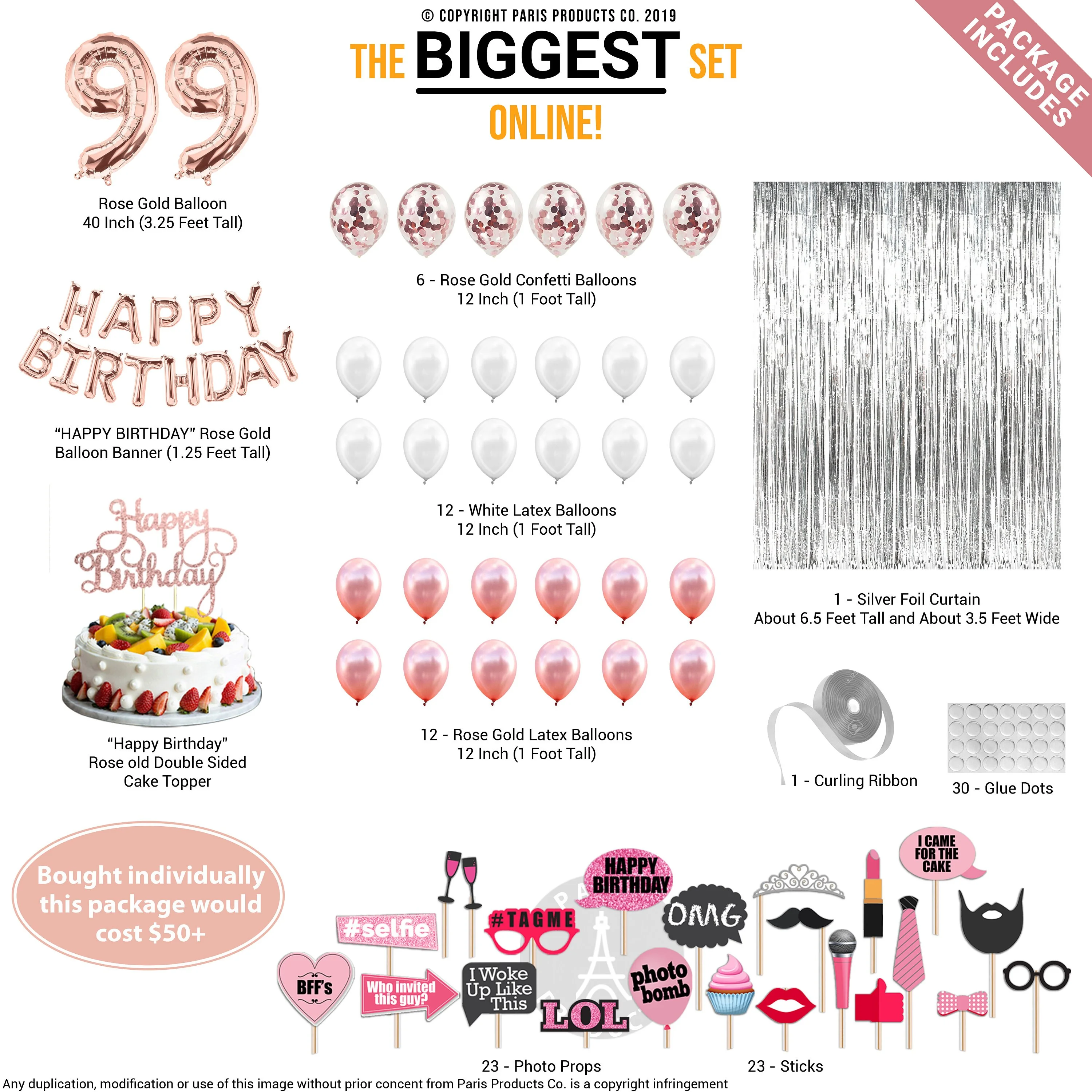99th Birthday Decoration Rose Gold with Silver Curtain, 99 Party Supplies, 99th Sash, 99 Cake Topper, 99th Photo Props, Confetti Balloons