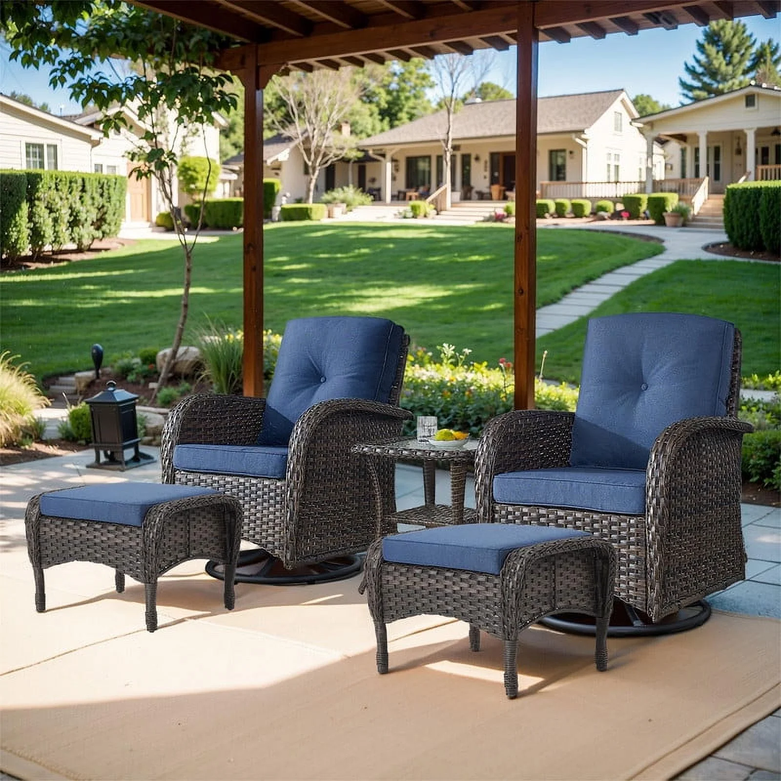 PARKWELL 5-Piece Outdoor Swivel Rocking Chair with Foot Rest,Side Table,360 Degree Swivel Glider Patio Rattan Wicker Conversation Bistro Furniture Sets,Blue