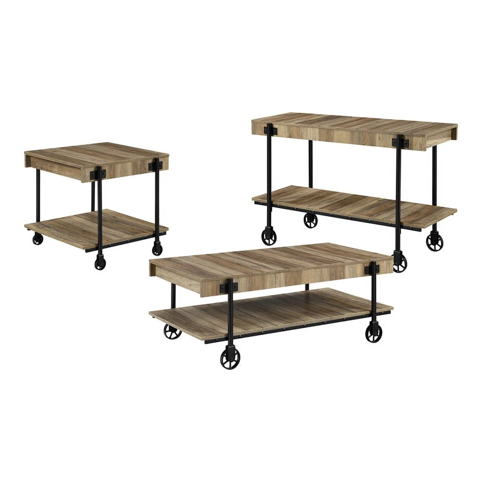 Furniture of America Acres Wood Rustic Oak 3-Piece Coffee Table Set with Wheels