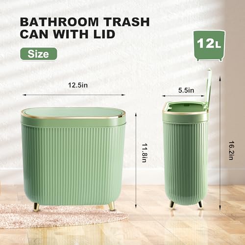 Bathroom Trash Can with Lid 3.1 Gallon Narrow Trash Can Small Plastic Trash Bin 12 Liter Rectangular Plastic Garbage Can with Press Type Lid for Bedroom Bathroom