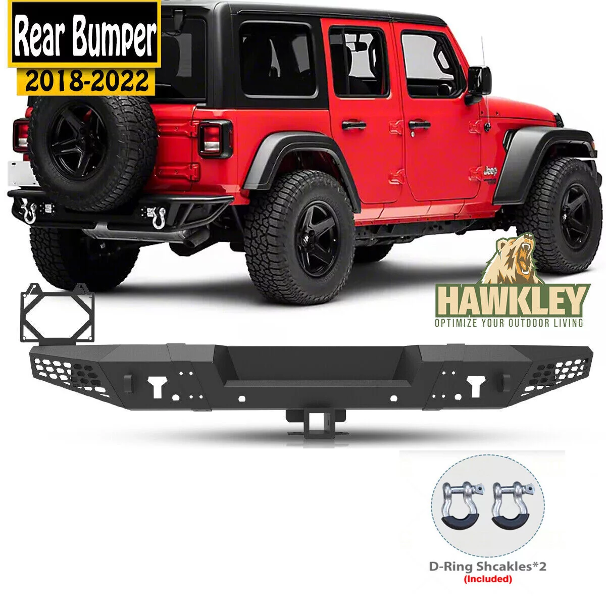 HAWKELY Rear Bumper For 2018-2022 Jeep Wrangler JL JLU w/License Bracket & 2*D-Rings