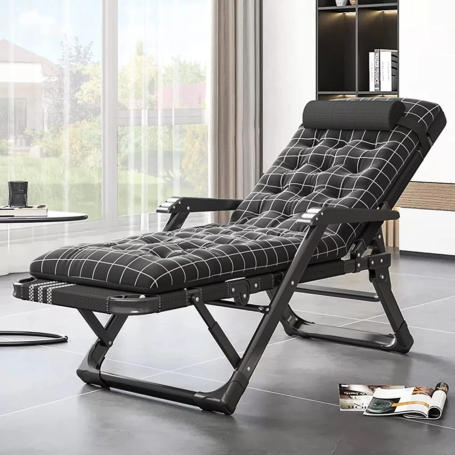 ABORON Folding Chaise Lounge Chair,Adjustable 5-Position Outdoor Patio Lounger ,Dual-purpose chair with Detachable Headrest & Soft Pad