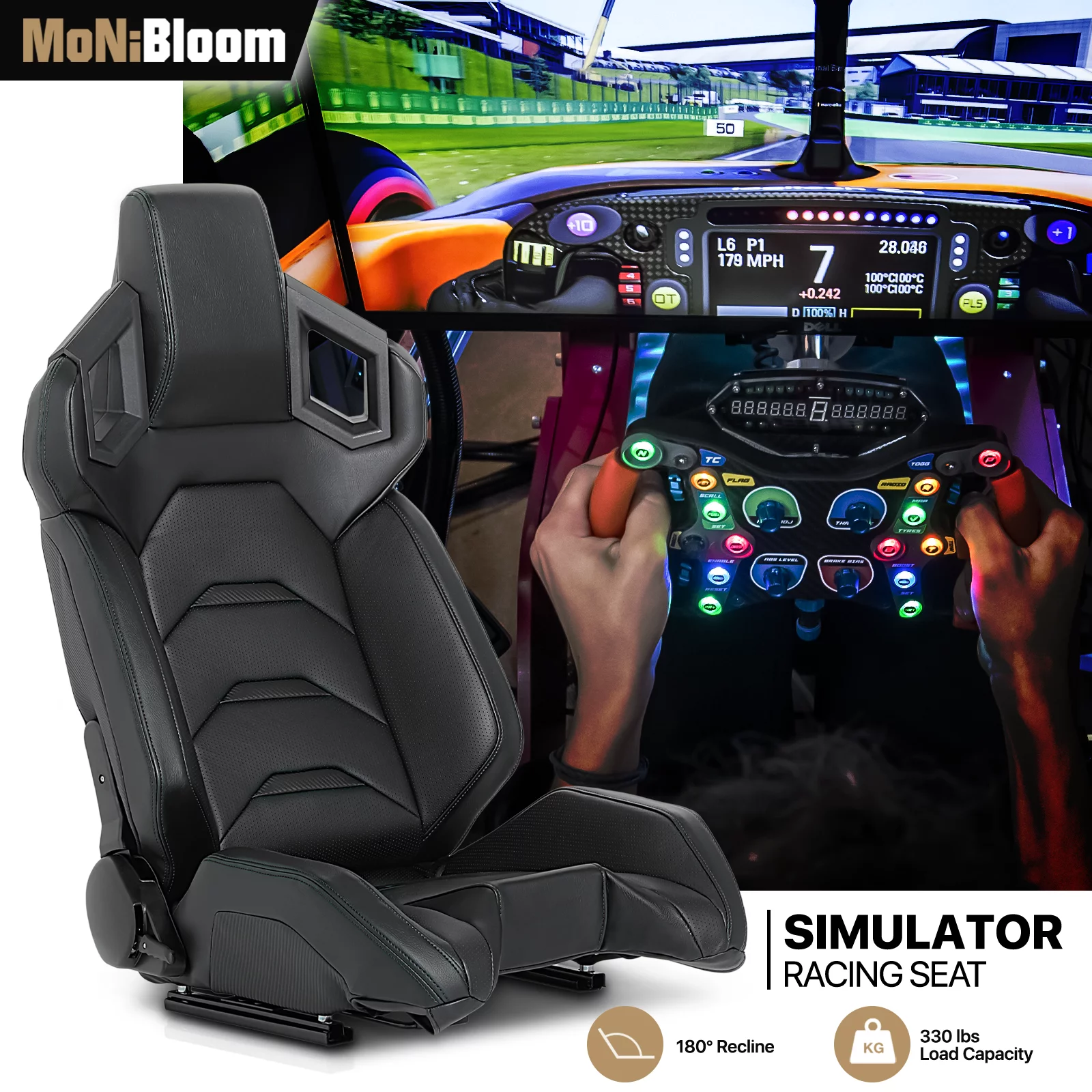MoNiBloom Ergonomic Racing Seat, Racing Simulator Game Seat with Adjustable Slide, Leather Racing Seat for Racing Simulator Cockpit, Black