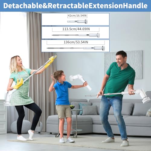 Electric Spin Scrubber - Cordless Cleaning Brush with Digital Display, 2 Speeds, 8 Brush Heads, IPX7 Waterproof, Adjustable Long Handle for Bathroom, Tub, Tile, Shower, and Car