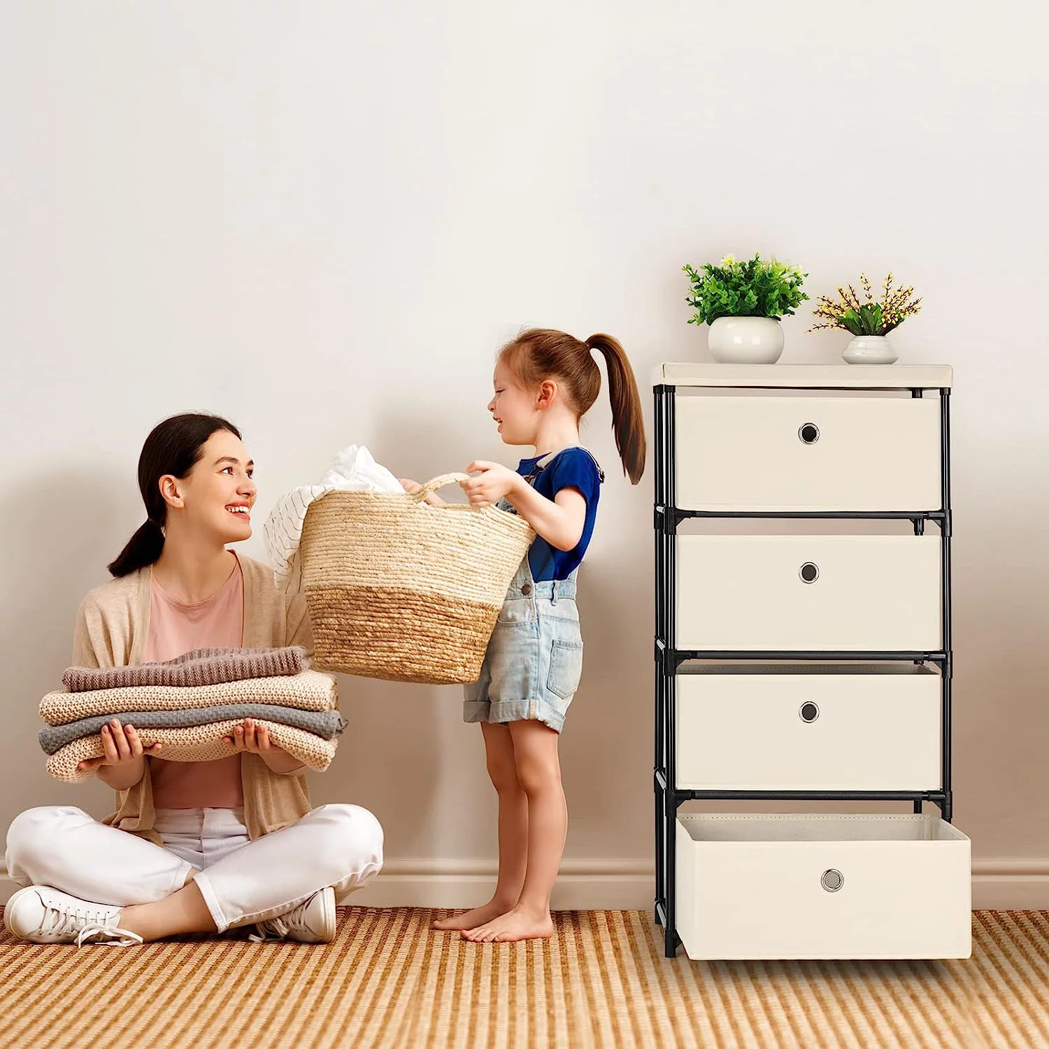 Fabric Storage Dresser 4 Drawers Storage Organizer, White