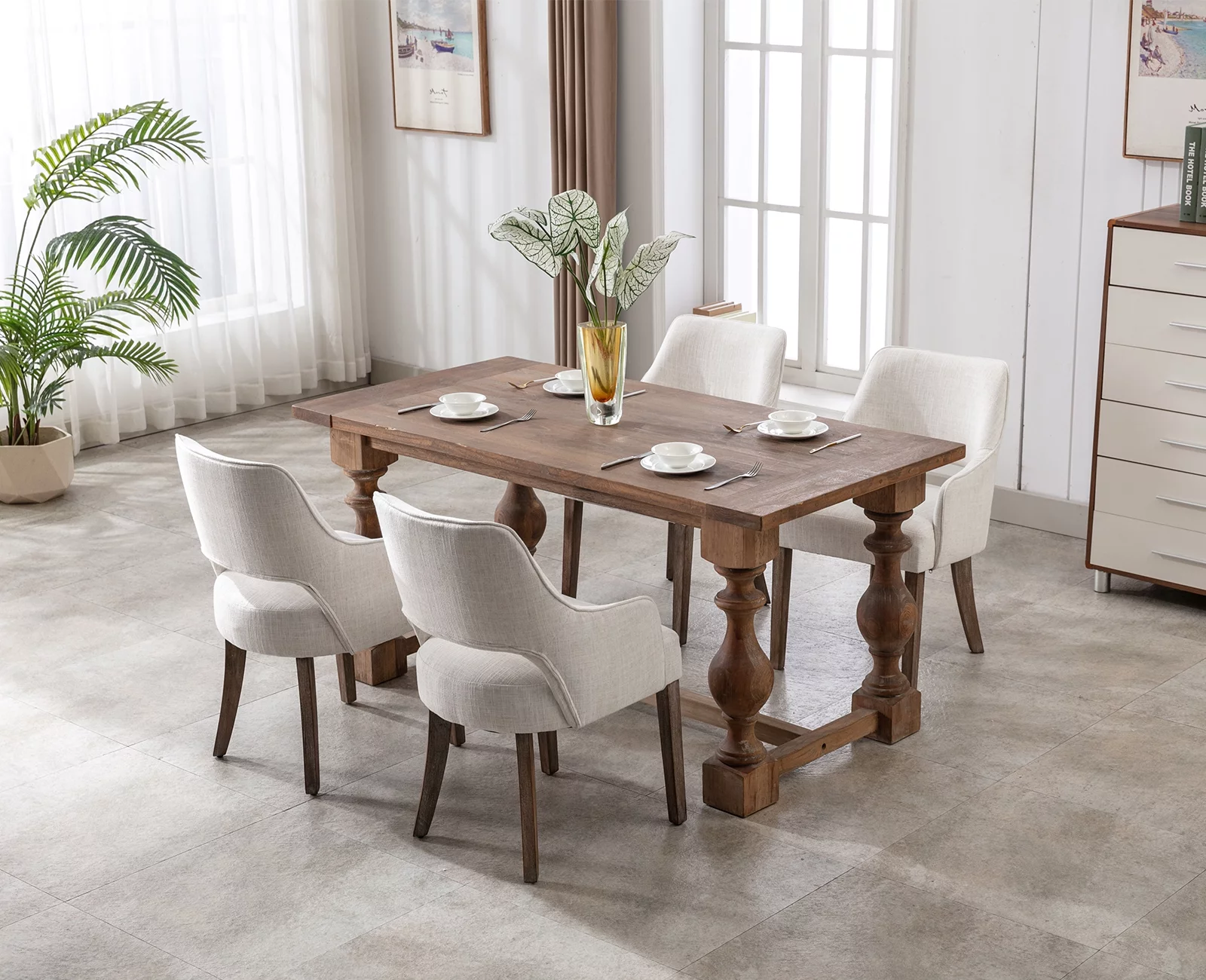 Guyou Modern Dining Chair Set of 2, Linen Upholstered Side Chair with Open Back and Wooden Legs for Dining Room Living Room Kitchen Bedroom, Cream