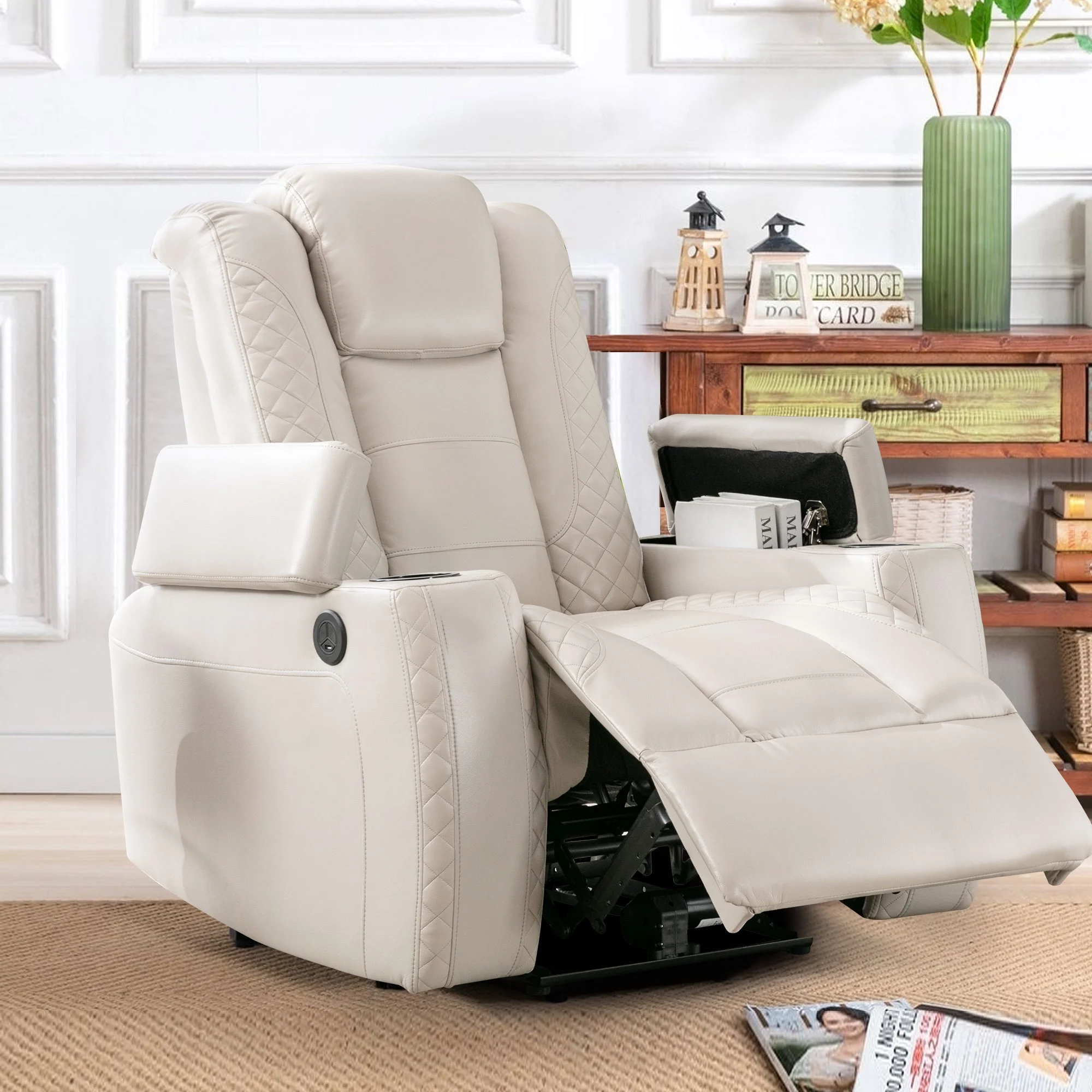 Kbest Power Recliner Chair with Cup Holders and Hidden Arm Storage Leather Home Theater Recliner with with USB Ports
