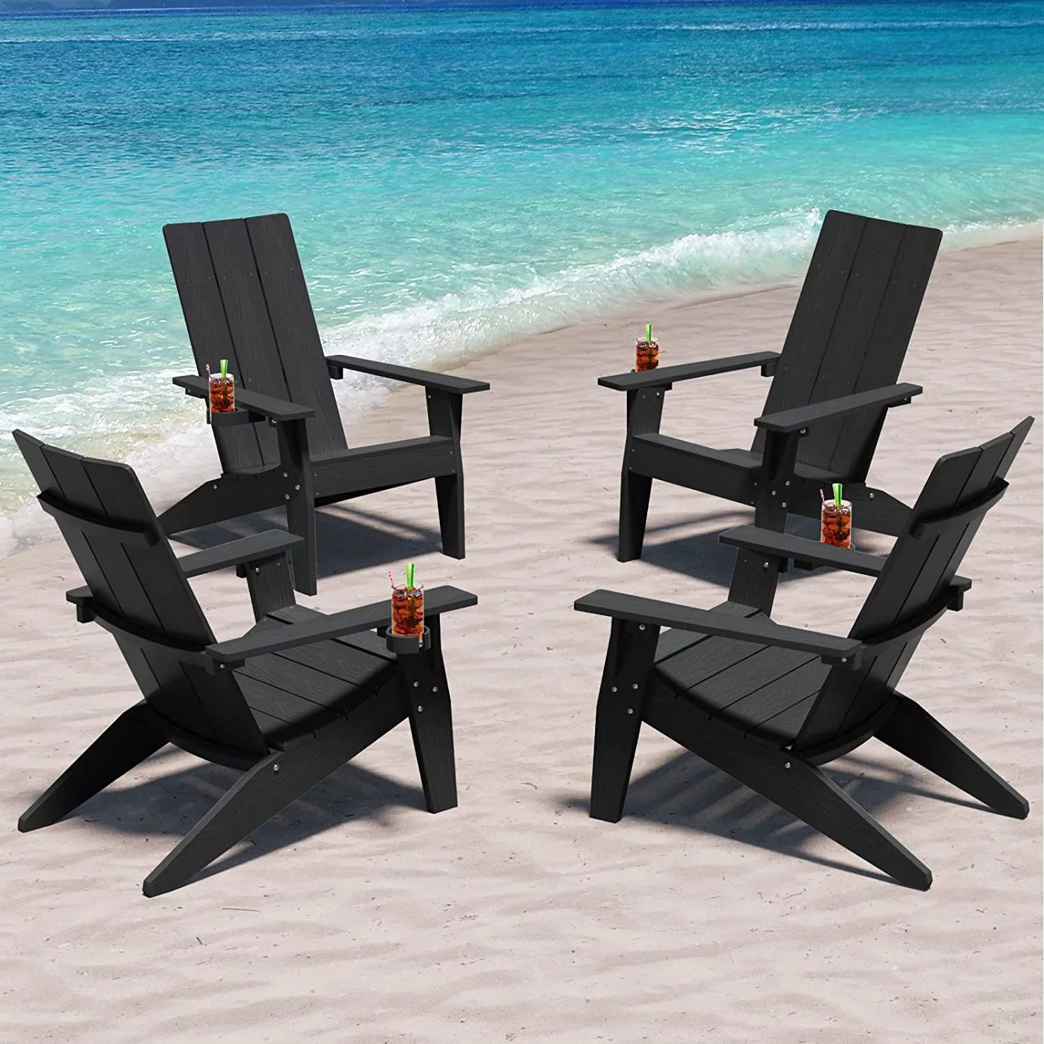 WINSOON All Weather HIPS Adirondack Chair with Cup Holder, Outdoor Patio Chair set of 4, Black Finish