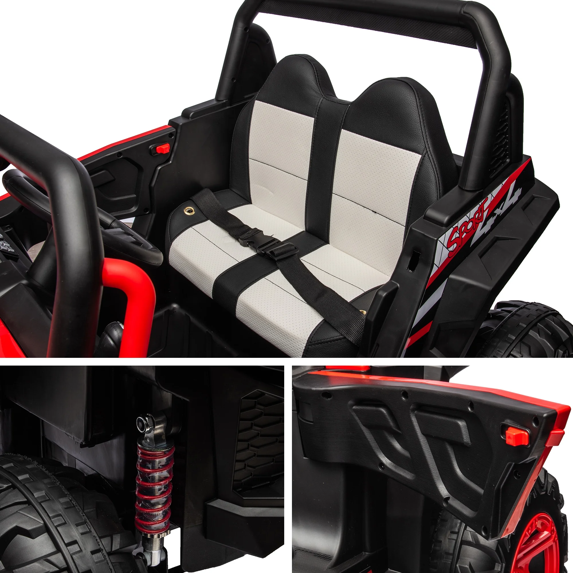 24V 2 Seater Ride on Car for Kids, 4 Wheel Drive Truck with Leather Seat and Remote Control, 24V Battery Powered Off-Road UTV Toy with LED Lights, Music, High and Low Speed, Spring Suspension, Red