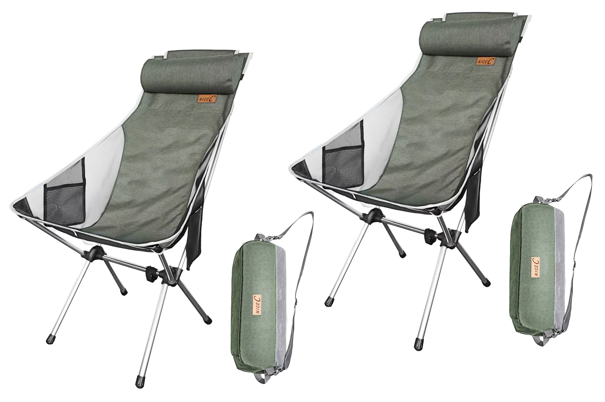 NiceC Ultralight High Back Folding Camping Chair, with Headrest, Outdoor, Backpacking Compact & Heavy Duty Outdoor, Camping, BBQ, Beach, Travel, Picnic, Festival with Carry Bag (2 Pack of Green)