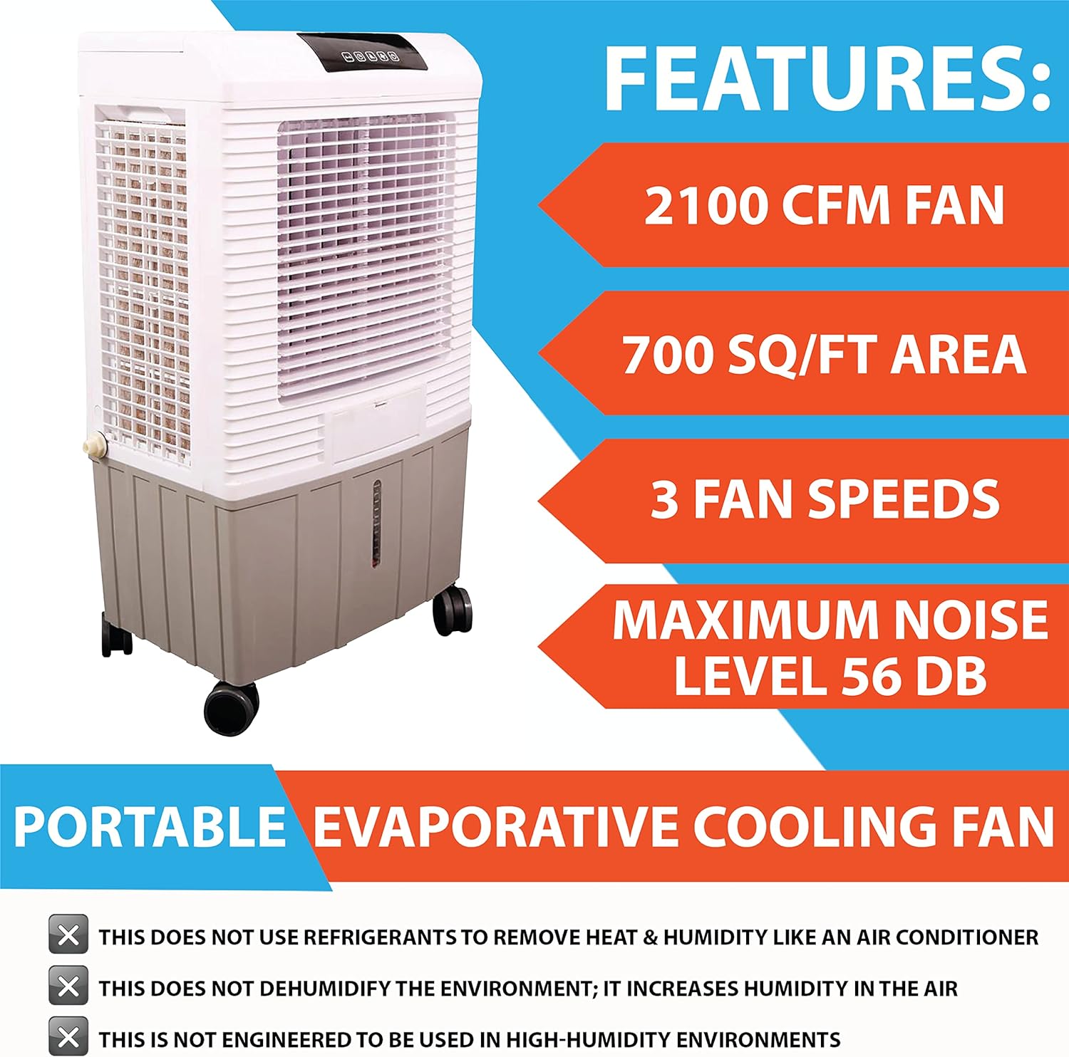 Hessaire MC26A Portable Evaporative Cooler, Humidifier, 2100 Cubic FPM, Cools 700 Sq. Ft., 2.5 GPH, White. For Garages, Shops, Patios, Pools, Workshops, Includes Remote Control for Ease of Operation