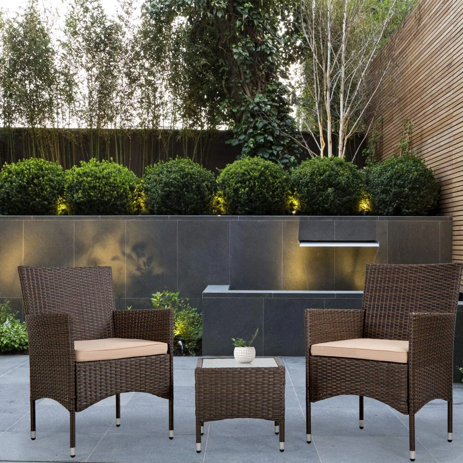 FDW Patio Furniture Sets 3 Pieces Wicker Bistro Set Outdoor, Khaki Cushion, Steel Frame, Modern