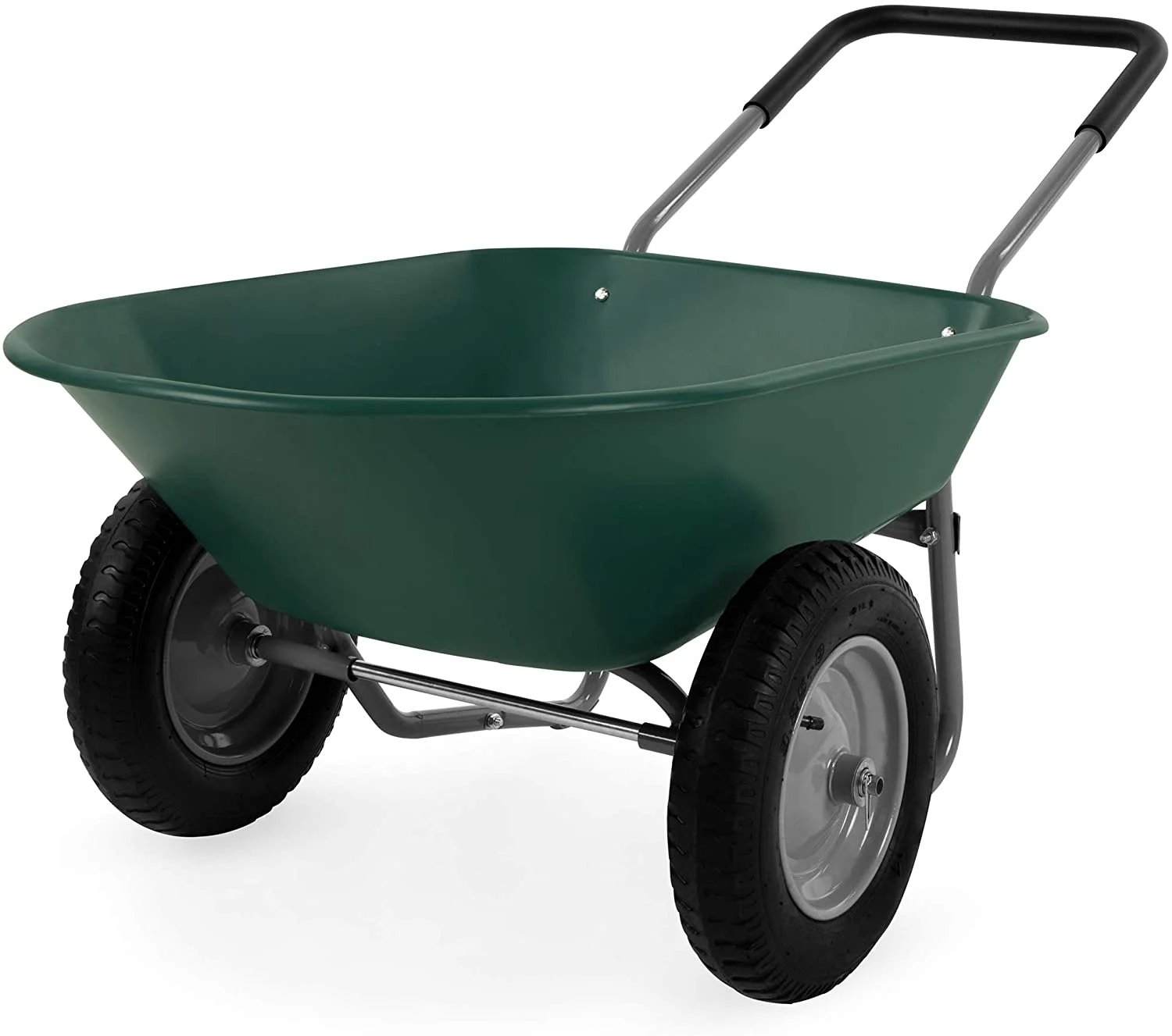 Dual-Wheel Home Utility Yard Wheelbarrow Garden Cart w/ Built-in Stand for Lawn, Gardening, Grass, Soil, Bricks, and Construction, Green