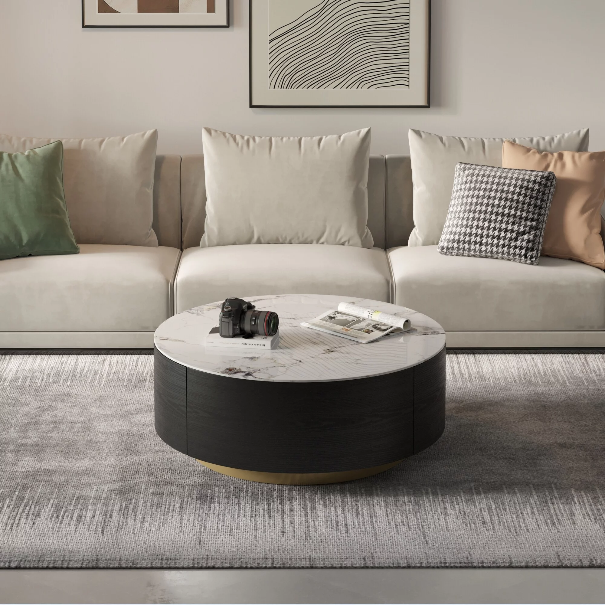 Modern Marble Top Round Coffee Table with Metal Base and 2 Drawers White&Black