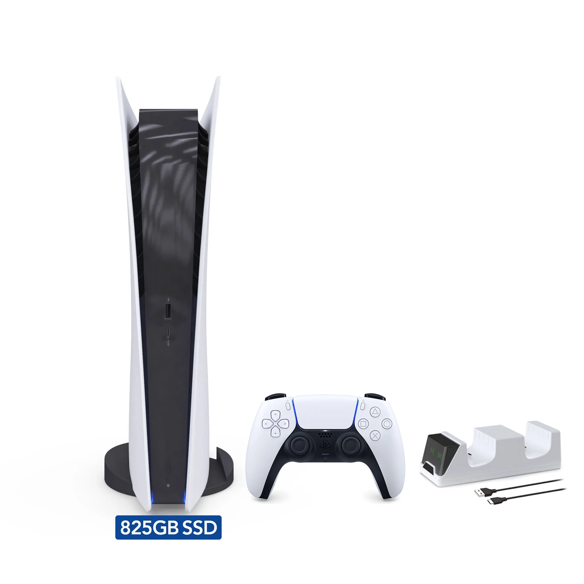 PlayStation 5 Digital Edition and Mytrix Controller Charger - White, PS5 825GB Gaming Console