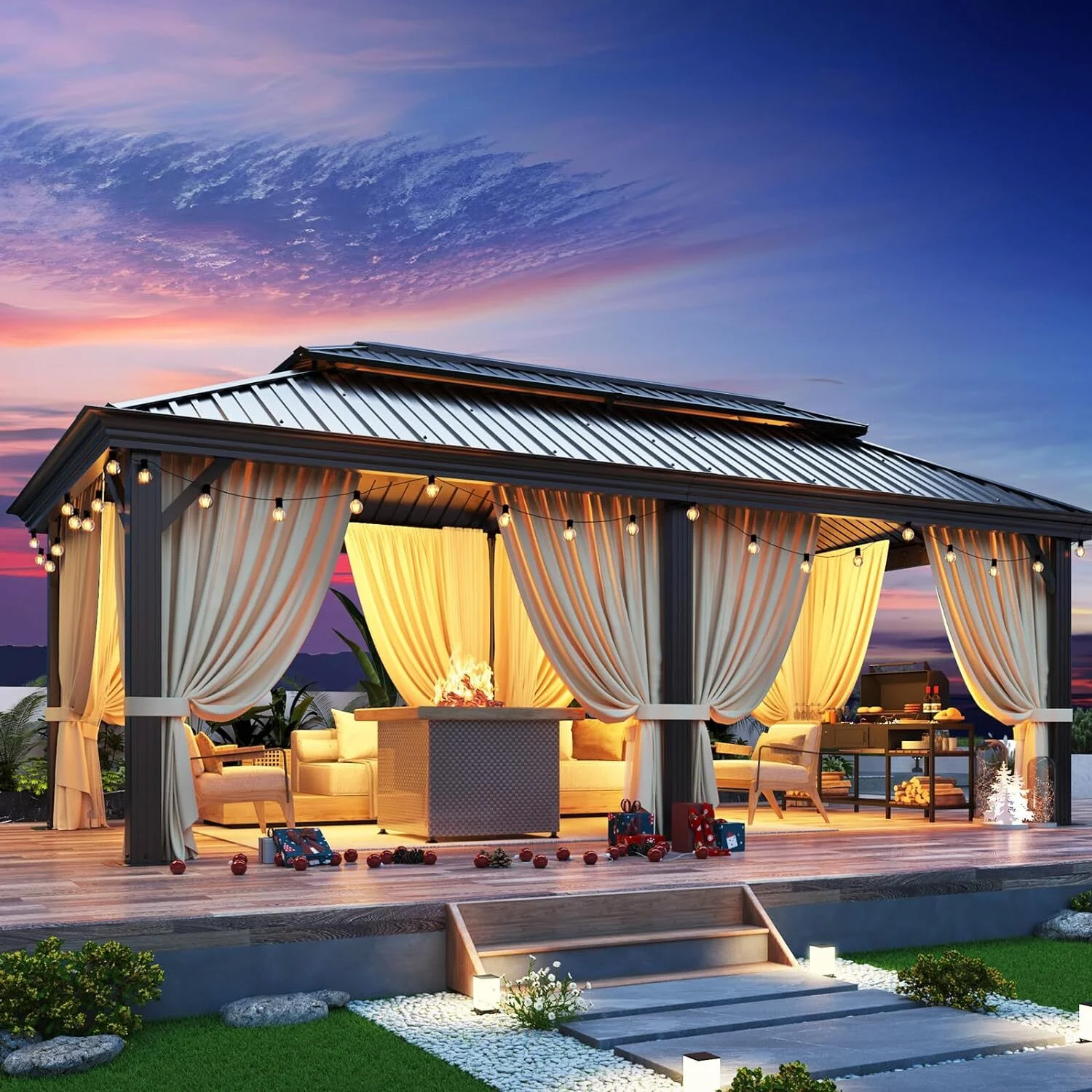 COBIZI 12x20 Hardtop Gazebo Aluminum Metal Gazebos Galvanized Steel Double Roof Permanent Hardtop Gazebo with Netting and Curtains Aluminum Frame Steel Gazebos for Deck, Lawns and Backyard, Brown