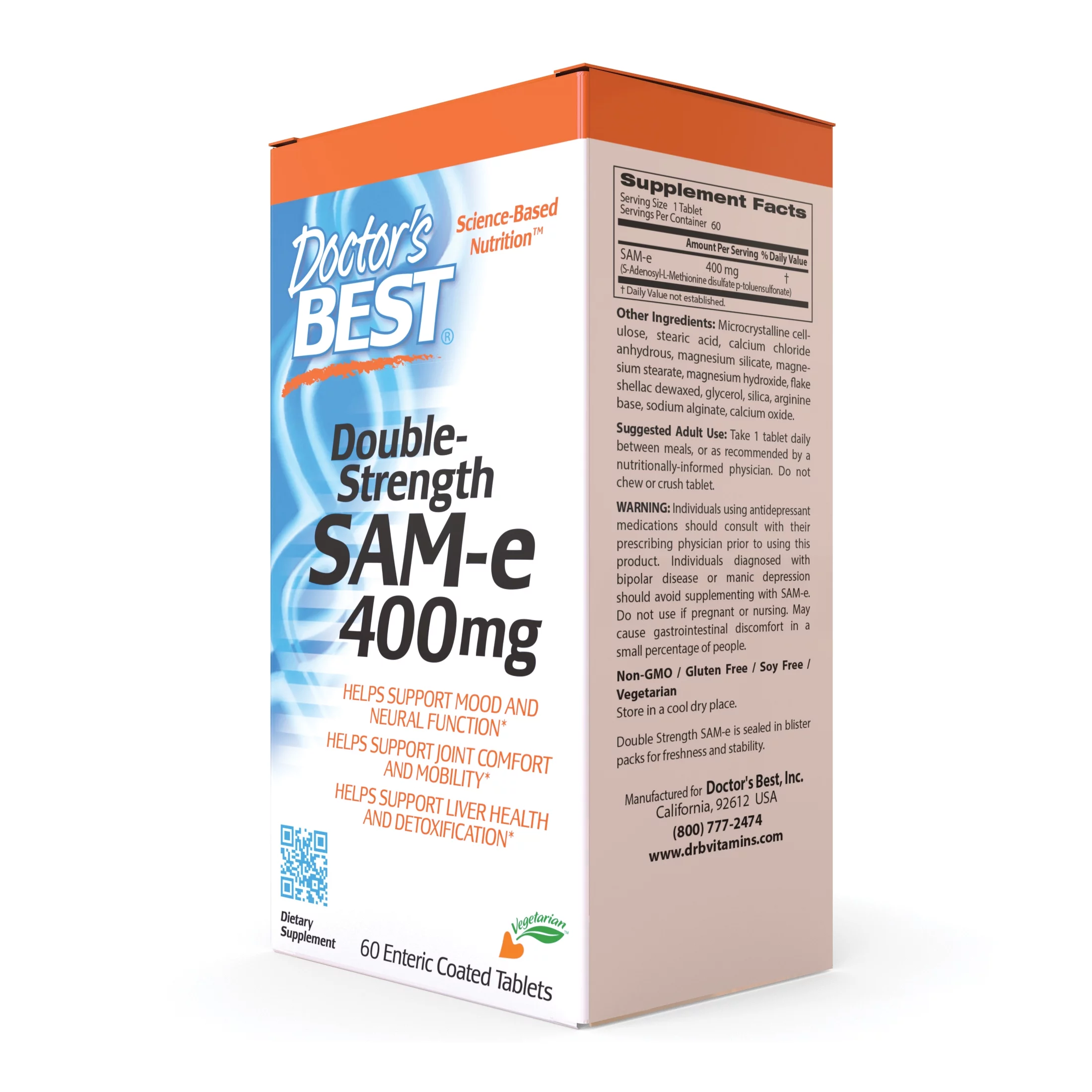 Doctor's Best SAM-e 400 mg, Vegan, Gluten Free, Soy Free, Mood and Joint Support, 60 Enteric Coated Tablets
