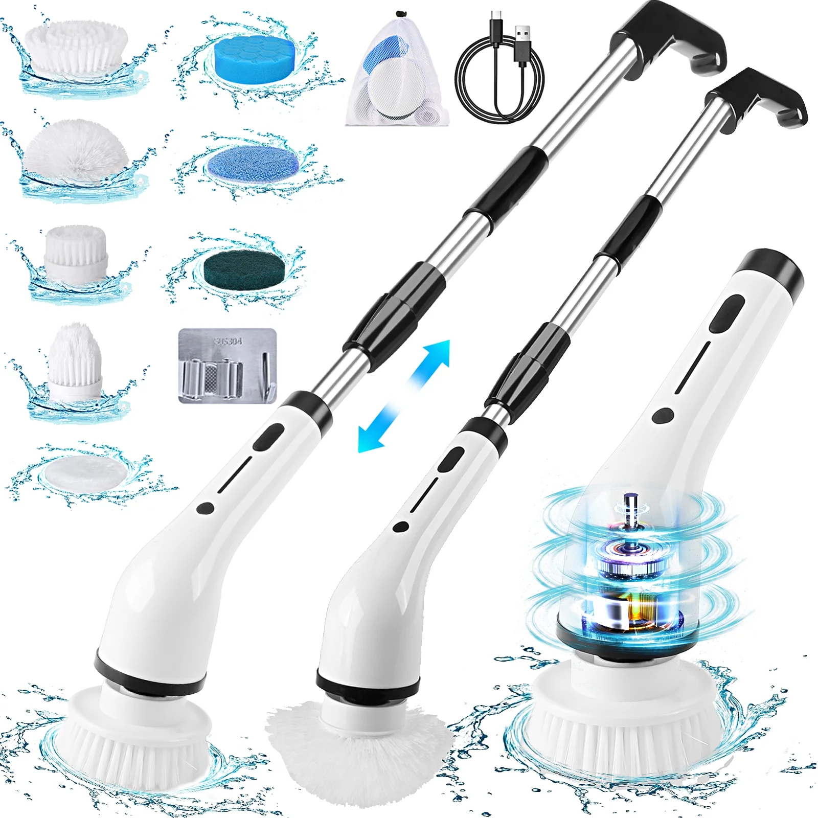WLRETMCI Electric Spin Scrubber,Cordless Cleaning Brush with 8 Replaceable Brush Heads Extension Handle,Bathroom Shower Scrubber for Tub Floor Tile,Gifts for mom