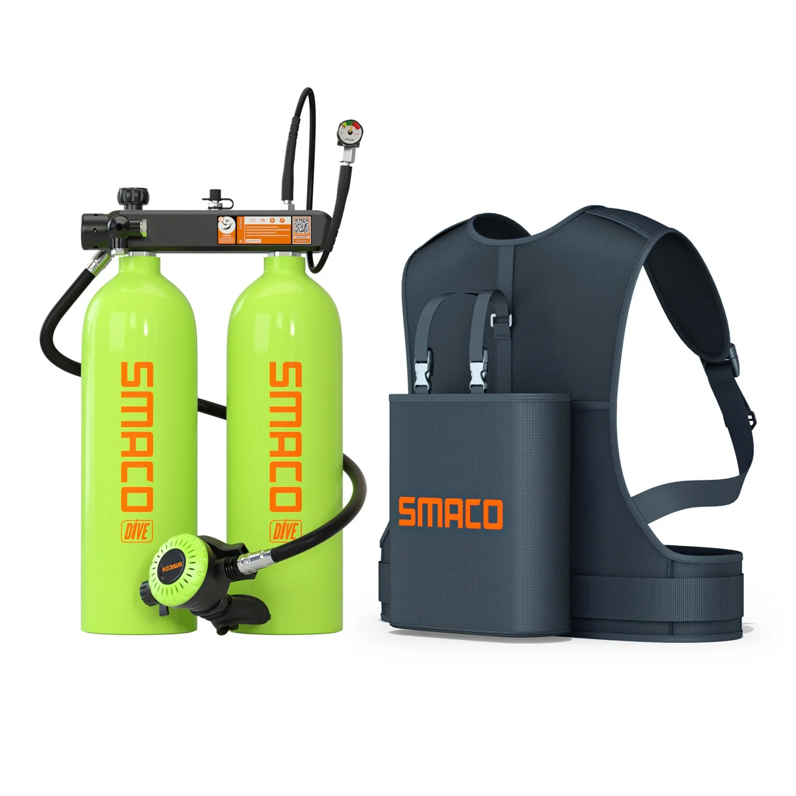 SMACO S700 Max Mini Scuba Diving Tank 1.9L Double Scuba Tank Reusable Small Pony Bottle with 30-45 Mins Portable Twin 1.9L Diving Air Tank Kit Diving Oxygen Cylinder