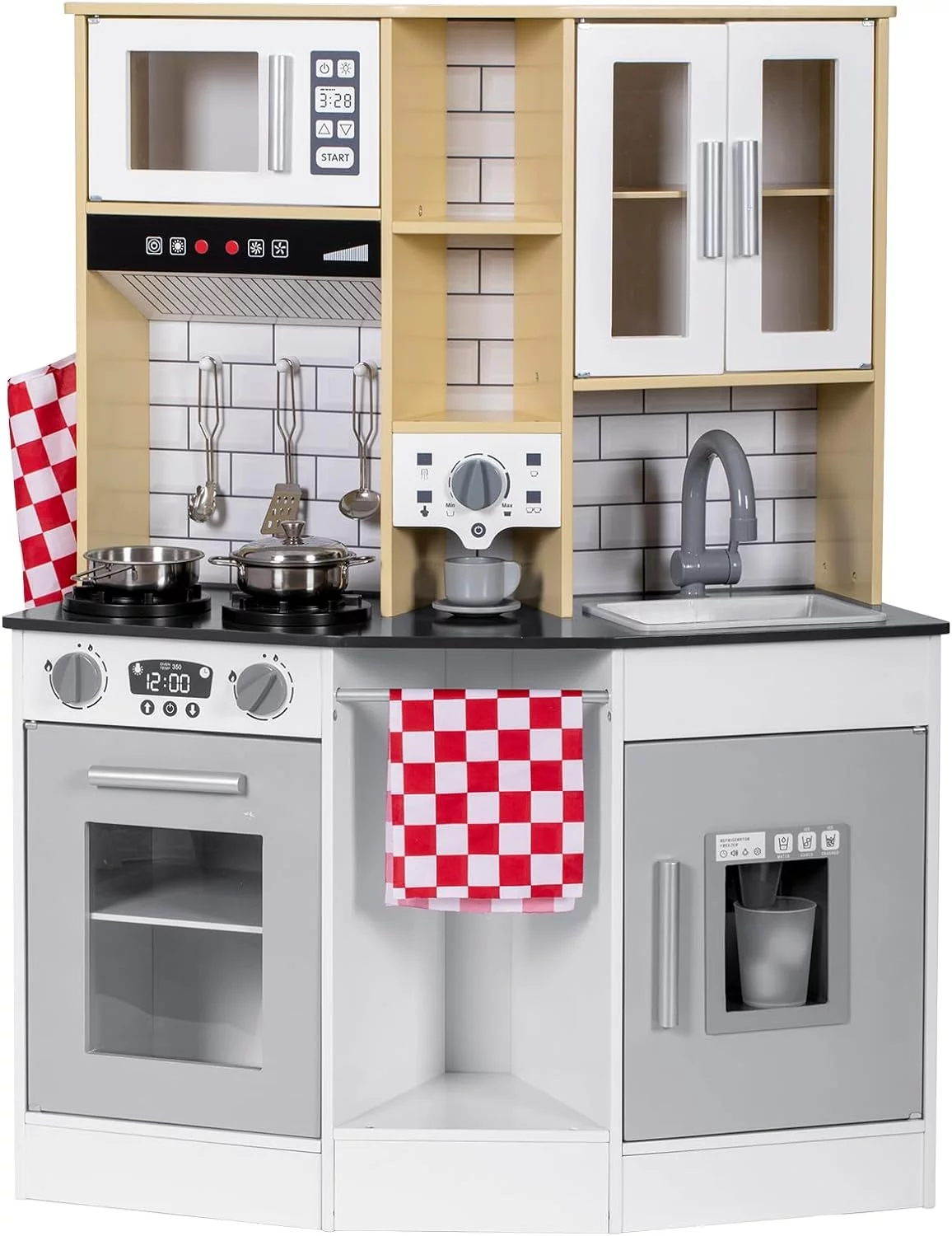 BRINJOY Kitchen Playset for Kids, Wooden Toddler Play Kitchen w/Faucet, Sink, Microwave, Oven, Apron, Cabinets, Children Pretend Play Cooking Toy Set w/Sound & Light, Gift for Girls Boys Age 3+