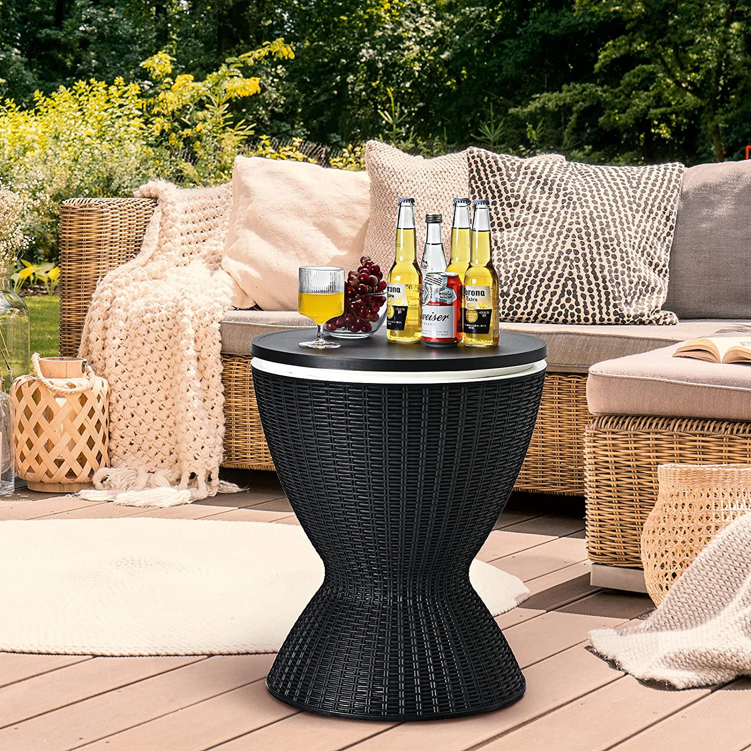 3-in-1 Cool Bar Table with 8 Gallon Beer & Wine Cooler, Rattan Style Patio Bar Tables, Height Adjustable Ice Cooler with Drainage Plug, Outdoor Cocktail Table for Deck Pool Party, Black