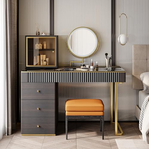 POVISON Makeup Vanity Desk with Mirror & LED Light, Easy Assembly, Mid Century Modern Dresser Desk, Dressing Table with Stool & Charging Station, 5 Drawers, Tempered Glass Top (Wood, 47