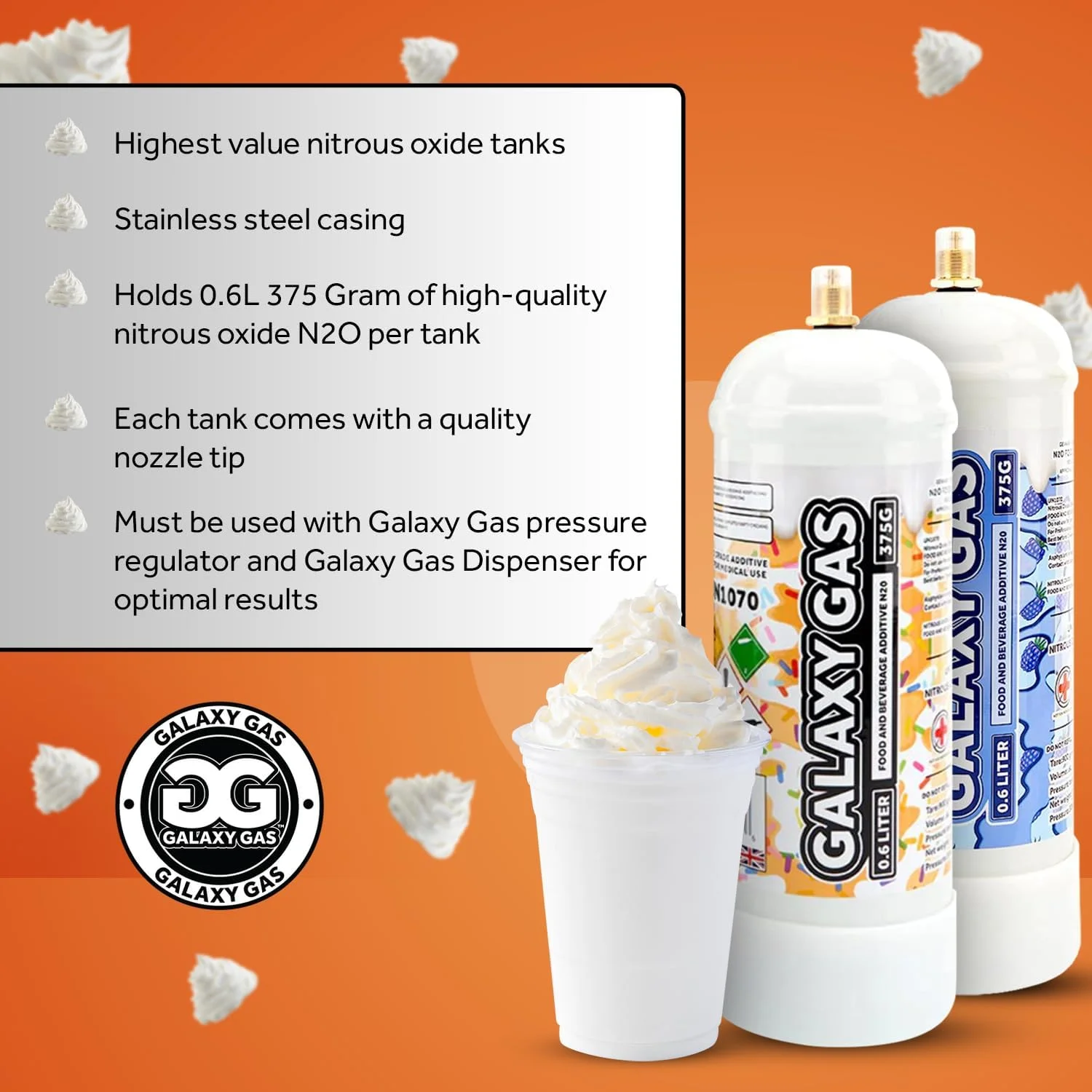 Galaxy Gas Eight Variety Flavors Whipped Cream Dispenser Cartridge Tank, Nitrous Oxide 0.6L 375 Gram, Whipped Cream Tank, N2O Charger Tank, 8 Cylinders