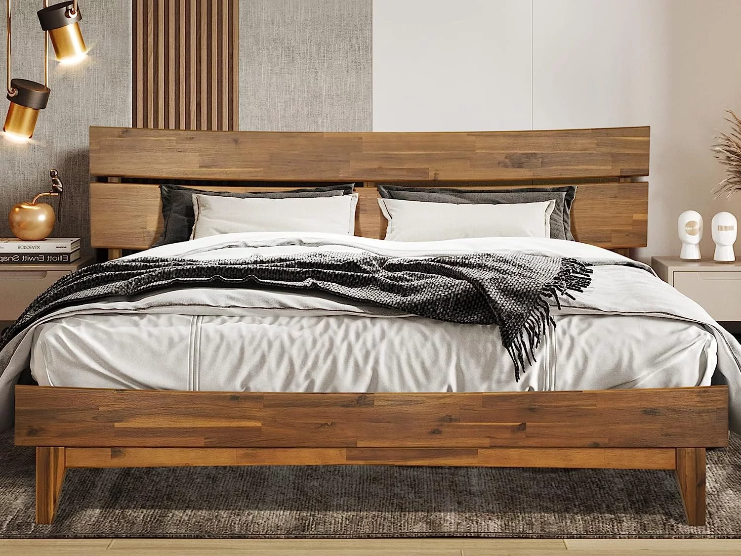 Acacia Aurora 14 Inch Wood Platform Bed  Bed Frame with Headboard  Queen Size  Caramel