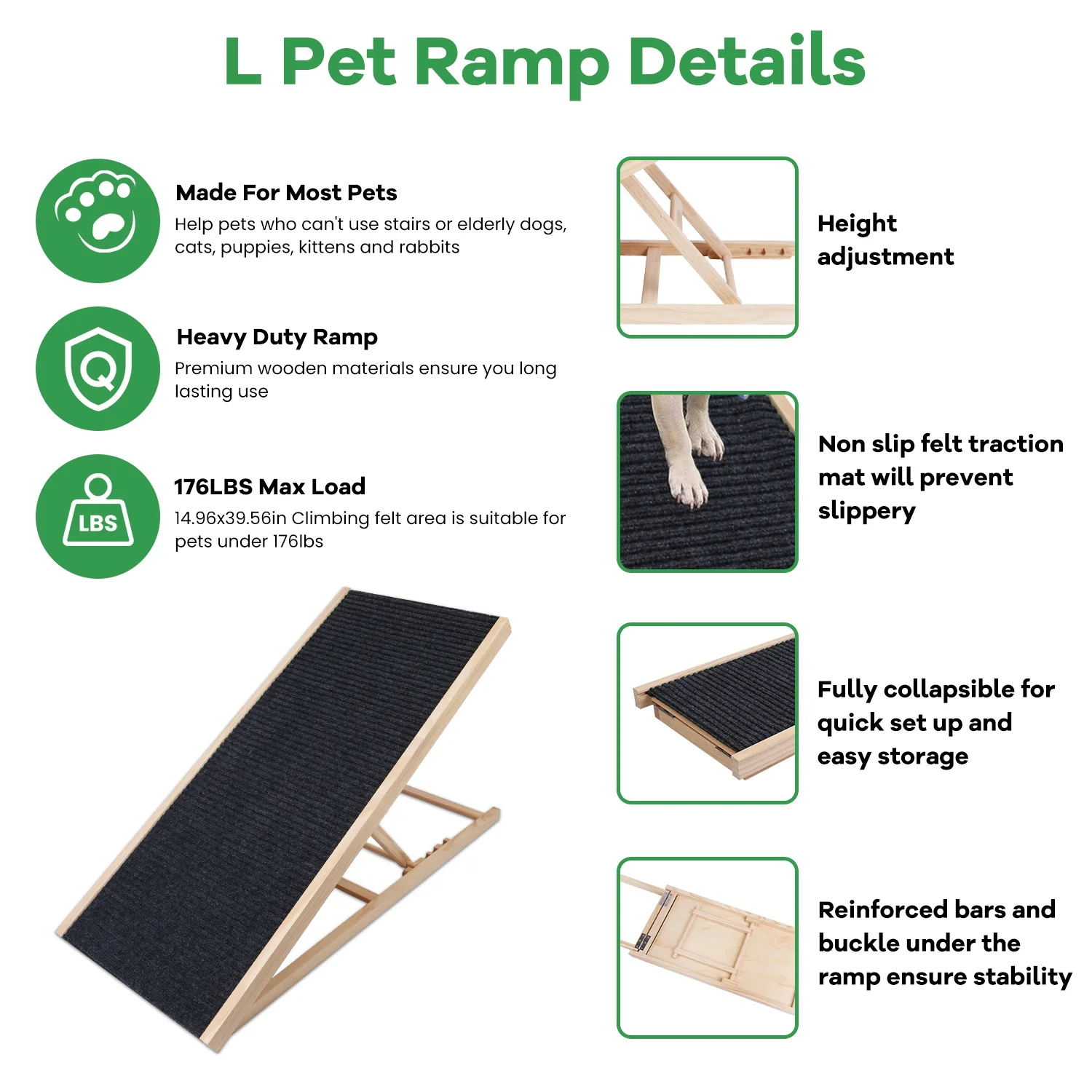 Dog Ramp for Bed Extra Wide, Wooden Pet Ramp for Small Dogs Cats to Get on Couch Car, Small Ramp Dog Stairs Adjustable, Foldable