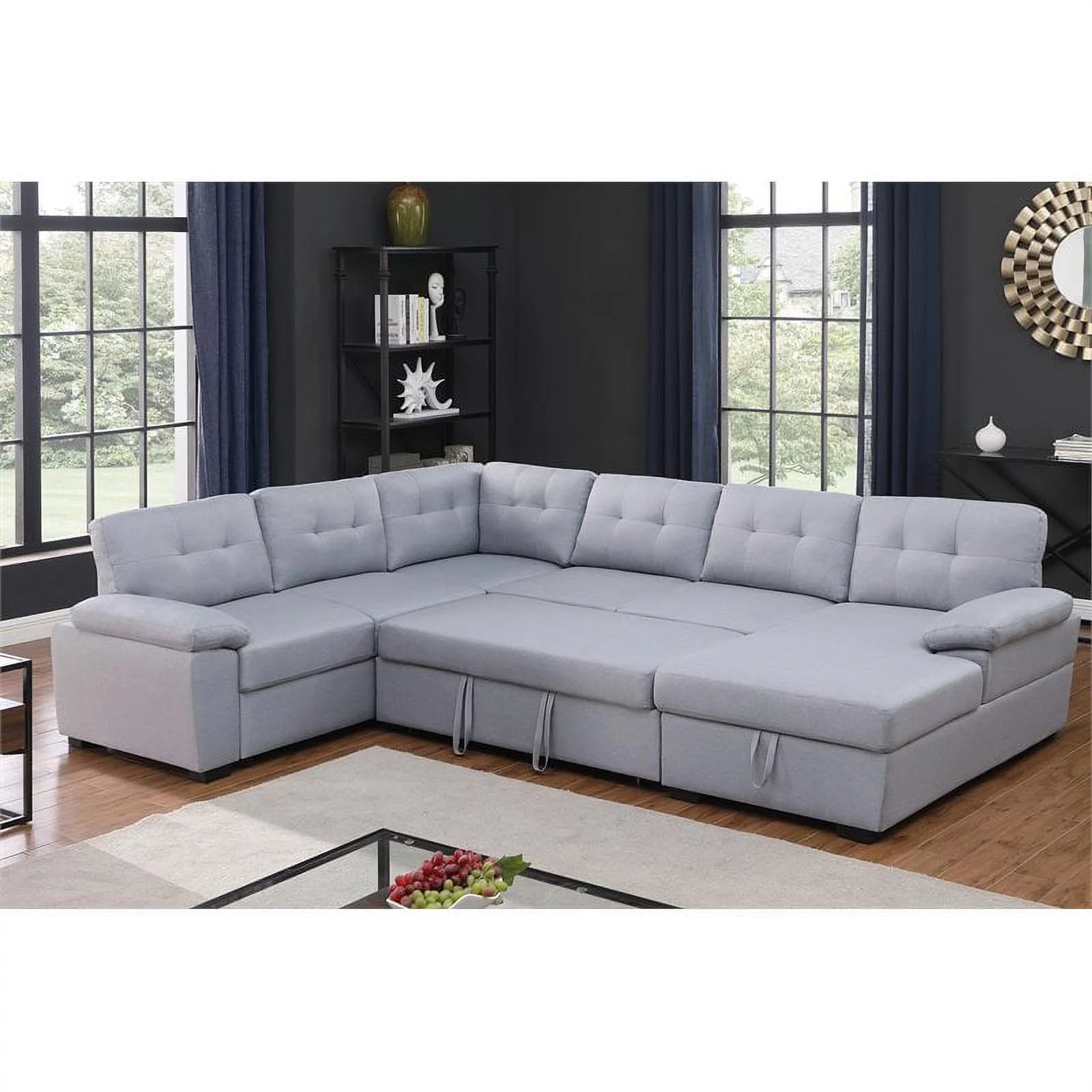 Pemberly Row 5-Seat Modern Fabric Sleeper Sectional Sofa with Storage in Ash