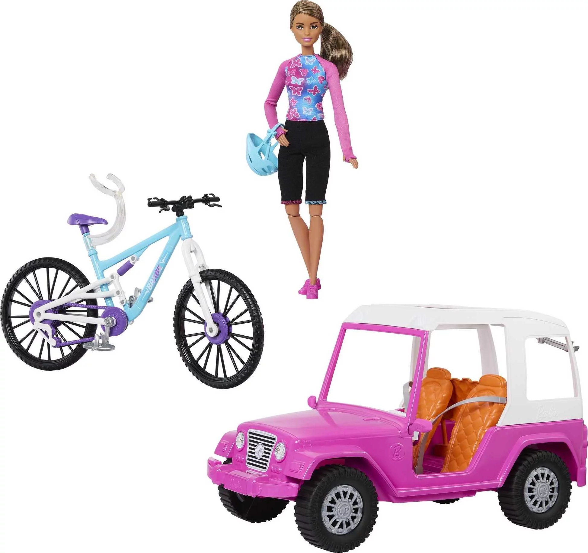 Barbie Doll, Mountain Bike, Barbie Car Bundle with Pink Jeep, Bike Rack and Helmet