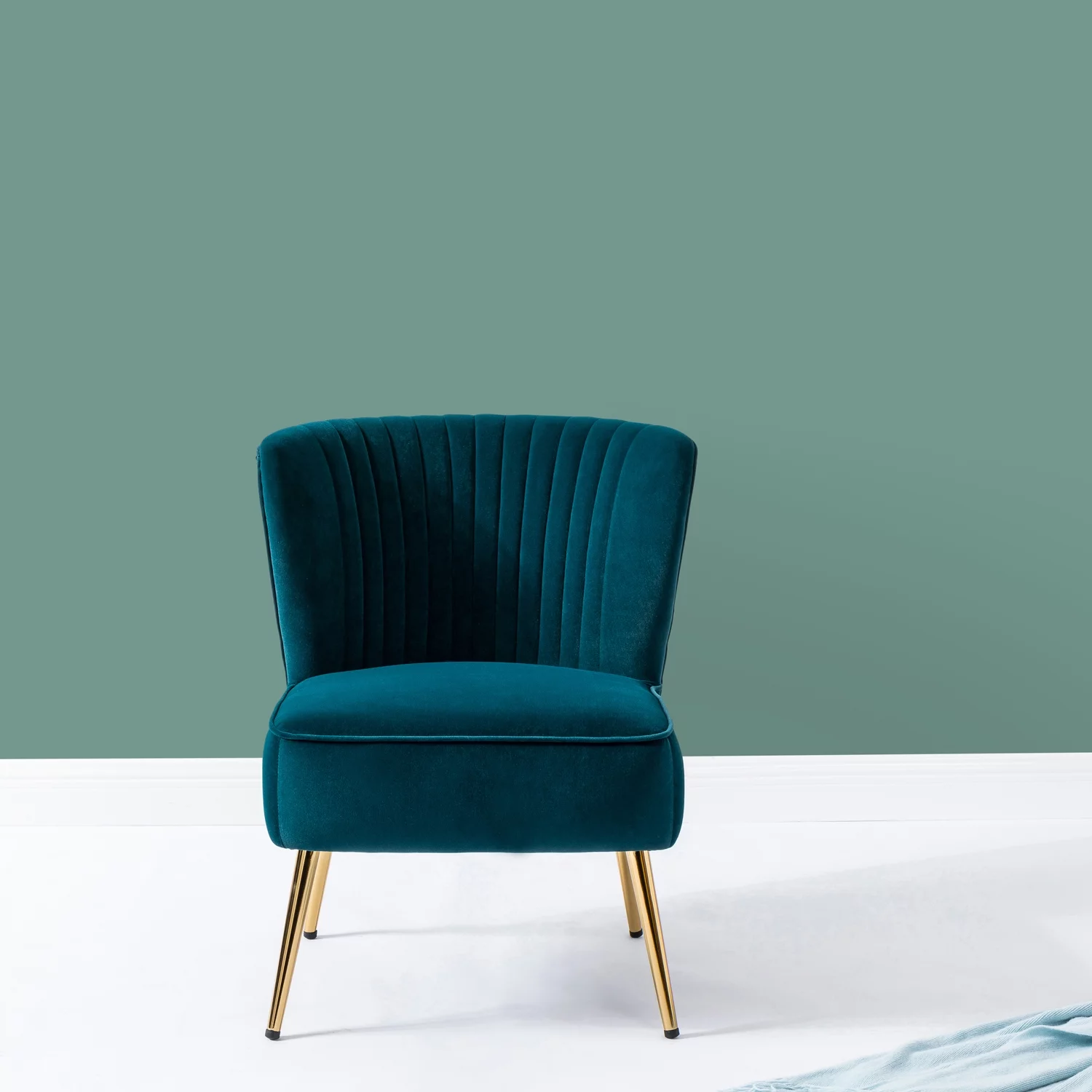 Comfy Velvet Accent Chair Transitional Armless Side Chair Gold Leg Vanity Living Room Adult Teal