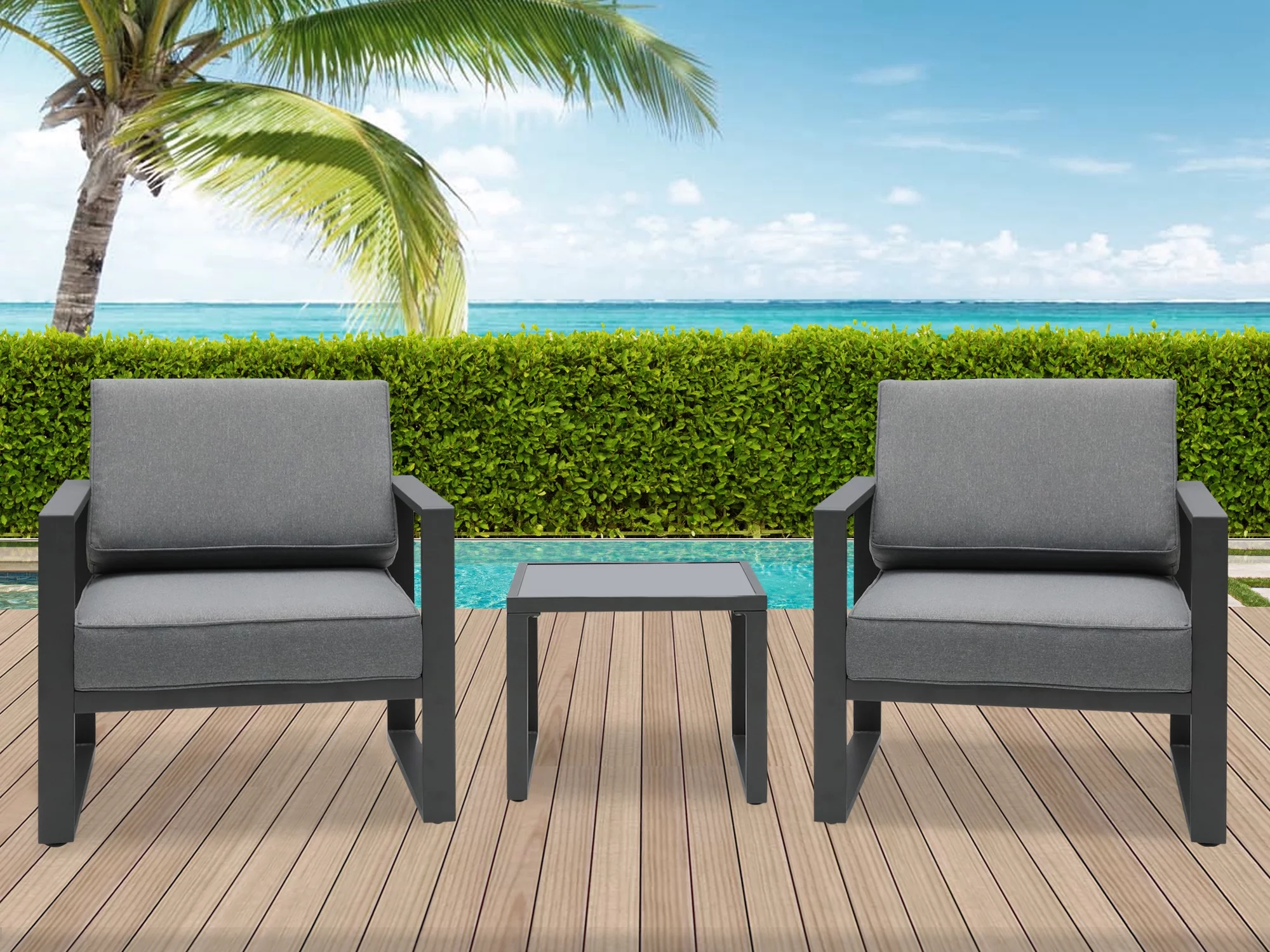 Superjoe 3 Pcs Outdoor Patio Furniture Sets Aluminum Frame Patio Chairs Conversation Set with Coffee Table,Gray