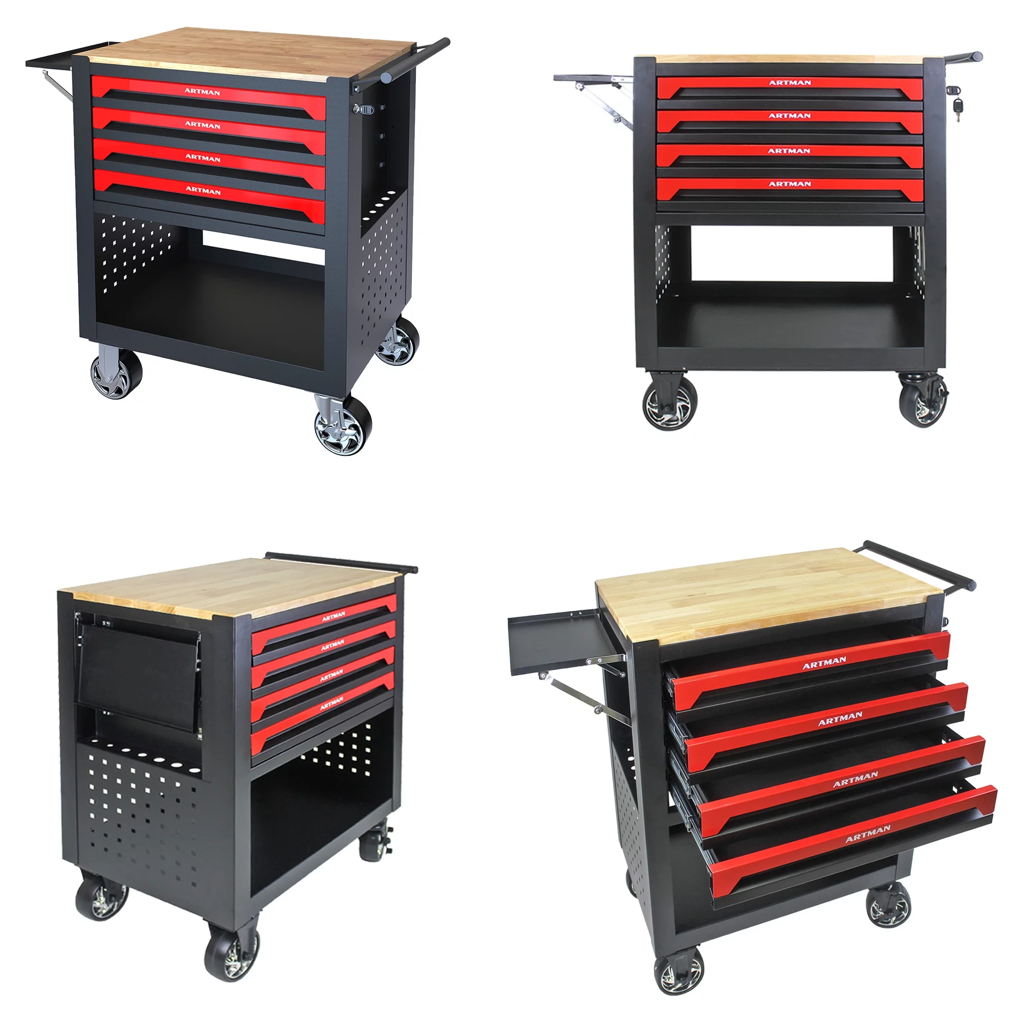 Seizeen 4-Tier Rolling Tool Cart, Multi-Purpose Mechanic Tool Chest On Wheels with Cabinet, Extended Tray & Handle, Heavy Duty Work Bench with Wooden Top and Tool Storage Organizer