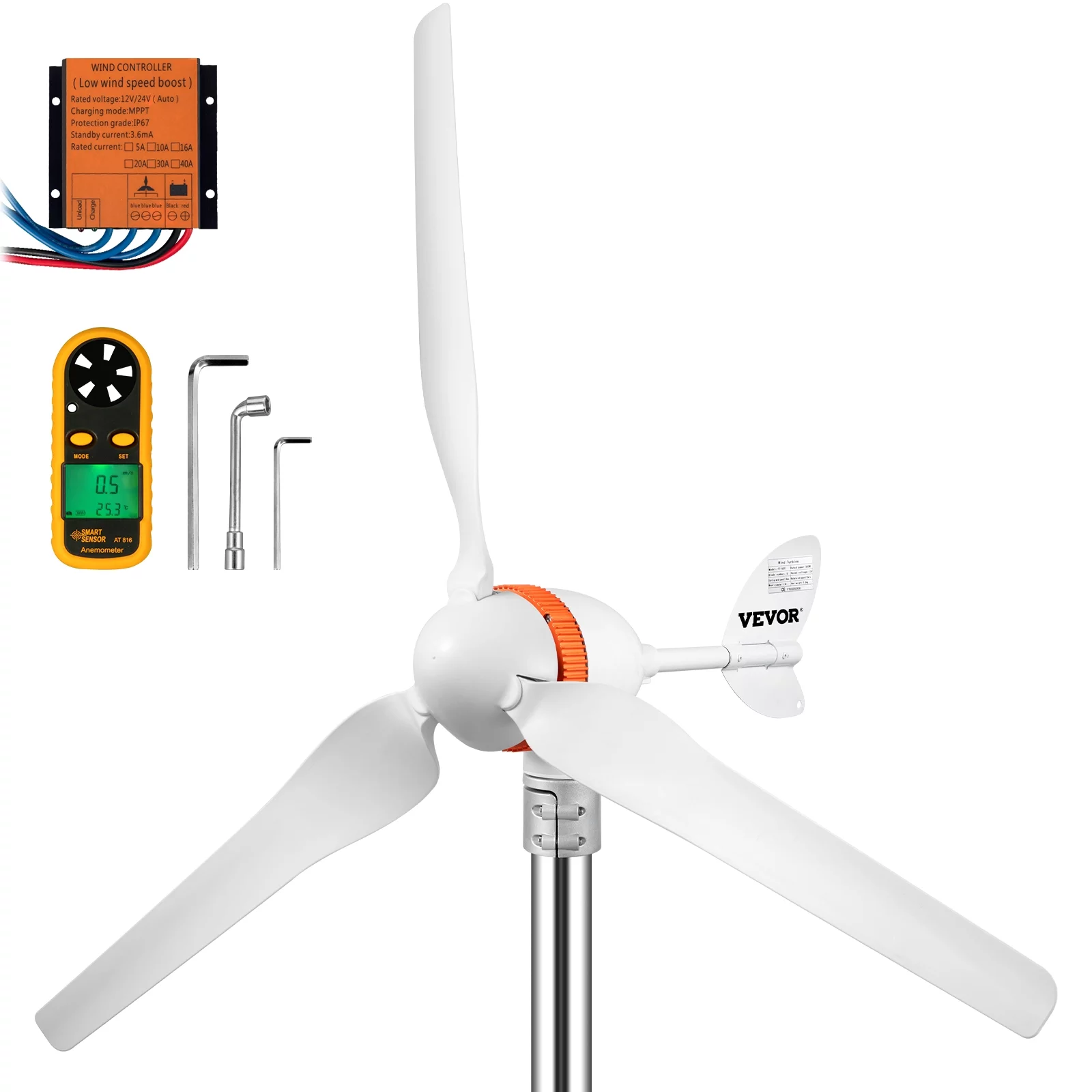 VEVOR Wind Turbine Generator, 12V/AC Wind Turbine Kit, 400W Wind Power Generator with MPPT Controller 3 Blades Auto Adjust Windward Direction Suitable for Terrace, Marine, Motor Home, Chalet, Boat