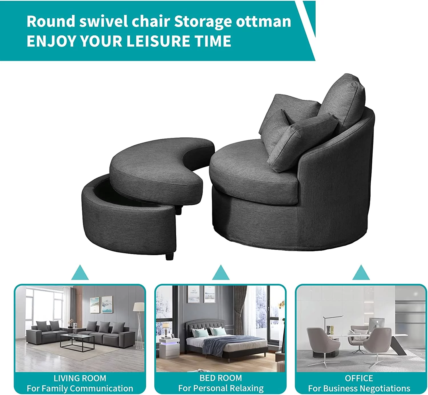 BALUS Modern Swivel Accent Barrel Sofa Chair, with Half Moon Storage Ottoman, Linen Fabric Leisure Round Chair,Sofa Lounge Chair with 3 Throw Pillow for Living Room Hotel/Club (Dark Grey)