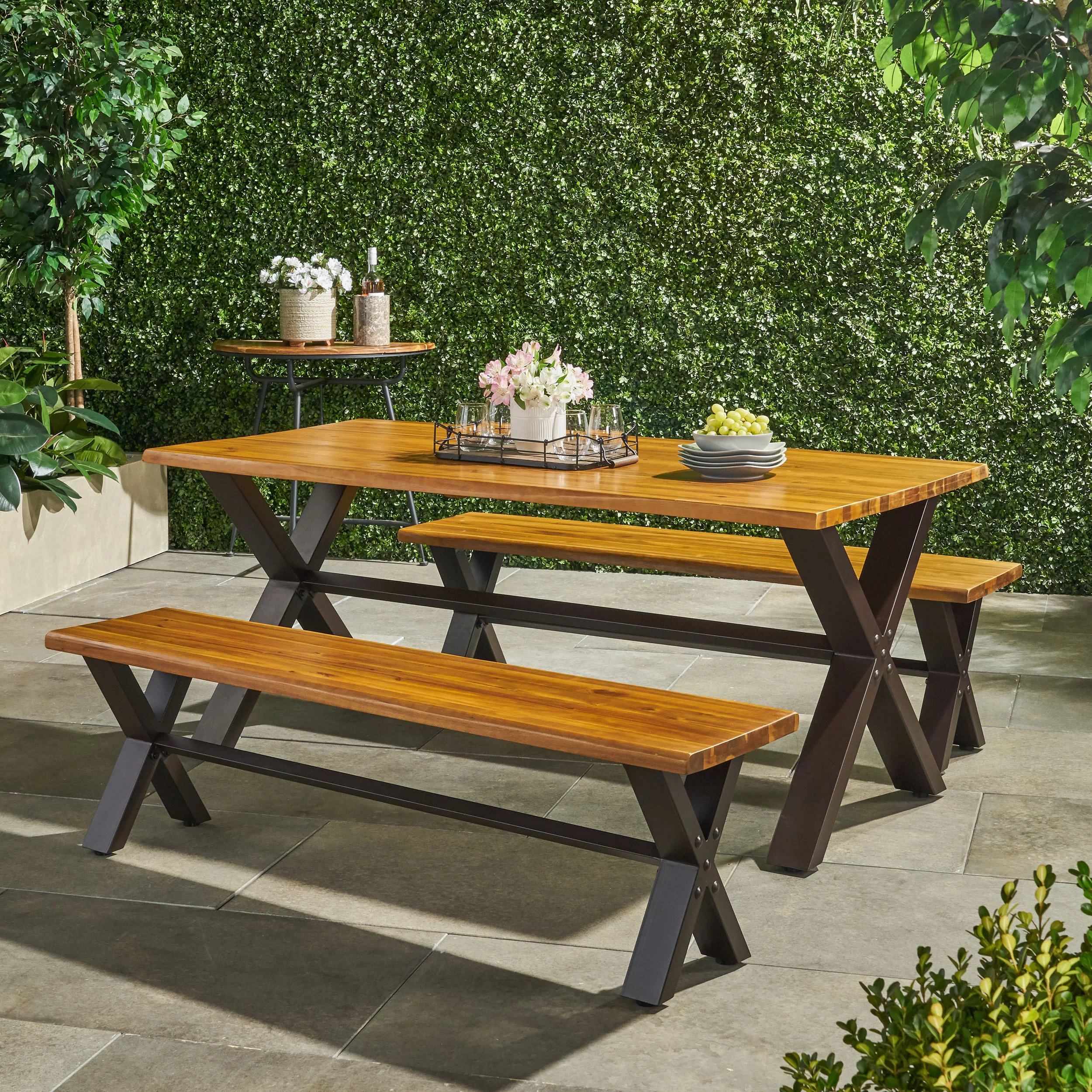 Myers 3 Piece Outdoor Acacia Wood Picnic Dining Set, Teak Finish with Rustic Metal