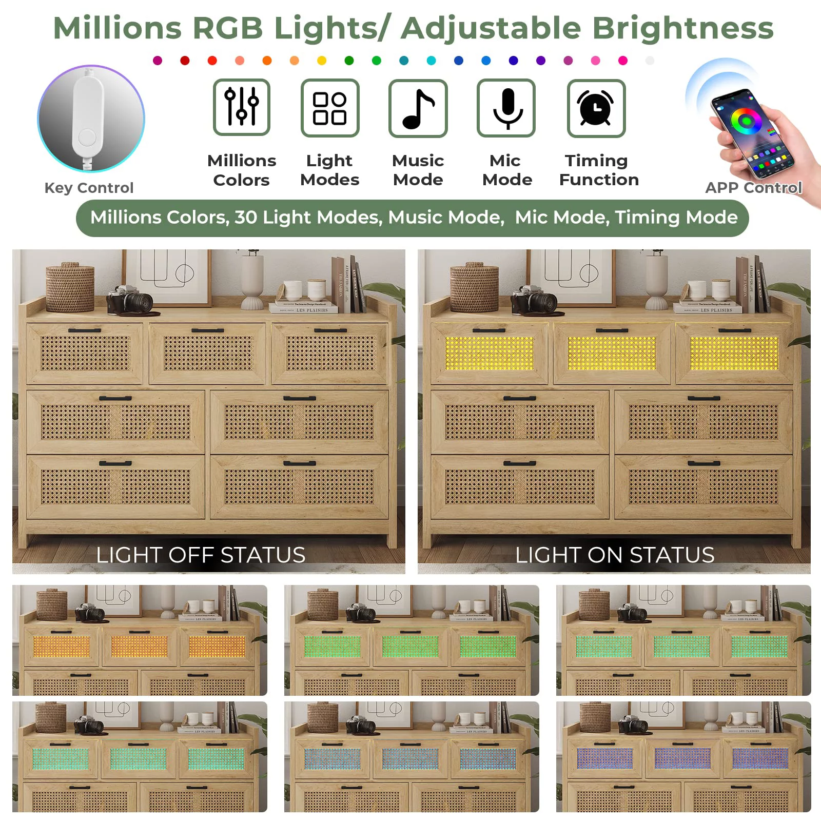 7 Drawer Dressers for Bedroom with Led Lights,Natural Rattan Chests of Drawers for Living Room Hallway Entryway