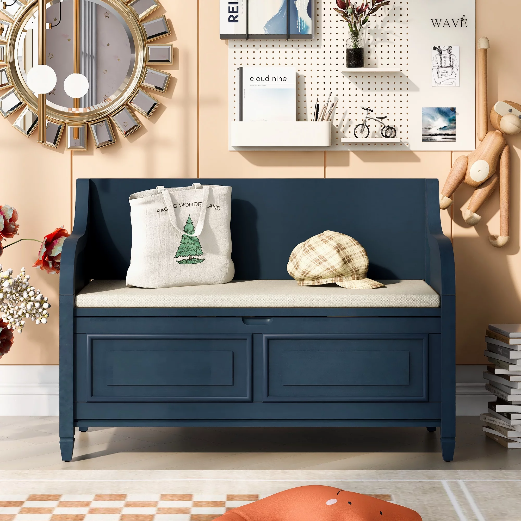 Storage Bench, Entryway Bench, Clamshell Shoe Bench with Hidden Storage, Wooden Storage Cabinet with Removable Cushions and Backrest, KAMIDA Storage Bench Furniture for Entryway Hallway, Blue