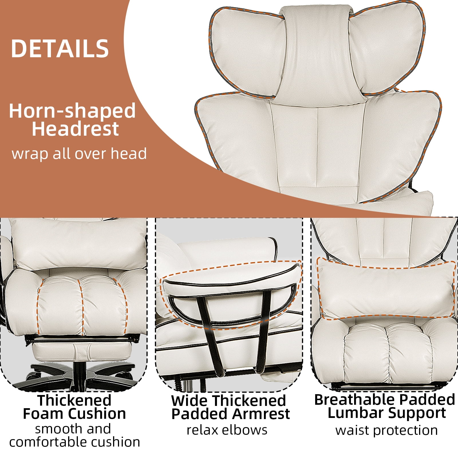 SeekFancy Big and Tall Executive Office Chair, Ergonomic PU Leather Office Chair Reclining Office Chair with Footrest Heavy Duty Desk Chair, White