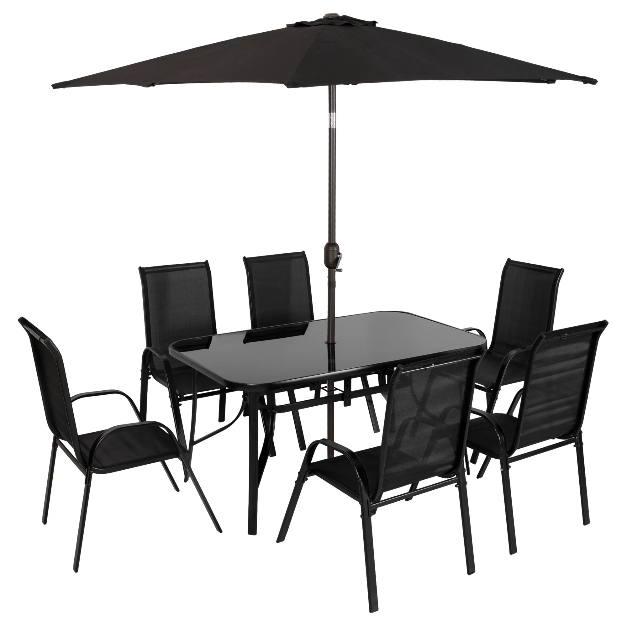 Outsunny Patio Dining Set for Six, Table & Chairs w/ Umbrella, Black