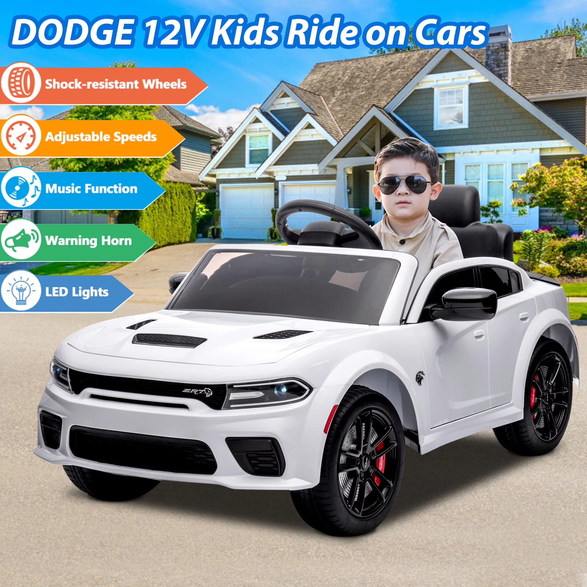 12V Ride on Car with Remote Control, Licensed Dodge Charger Electric Car for Kids Boys Girls 3-5 Ages Gifts, Battery Powered Ride on Toys with Bluetooth, USB/MP3 Port, Music, LED Light, White