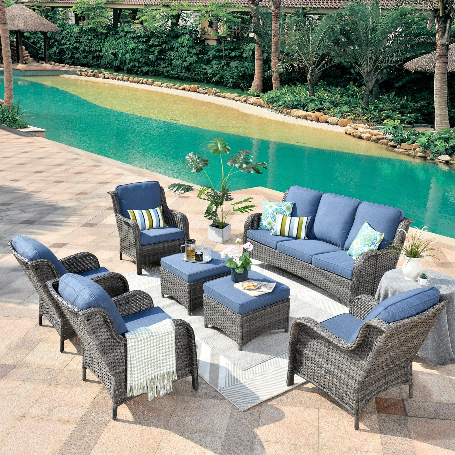 Ovios High-Back Patio Furniture 7 Pieces Outdoor Conversation Set Wicker Rattan Sectional Sofa for Backyard